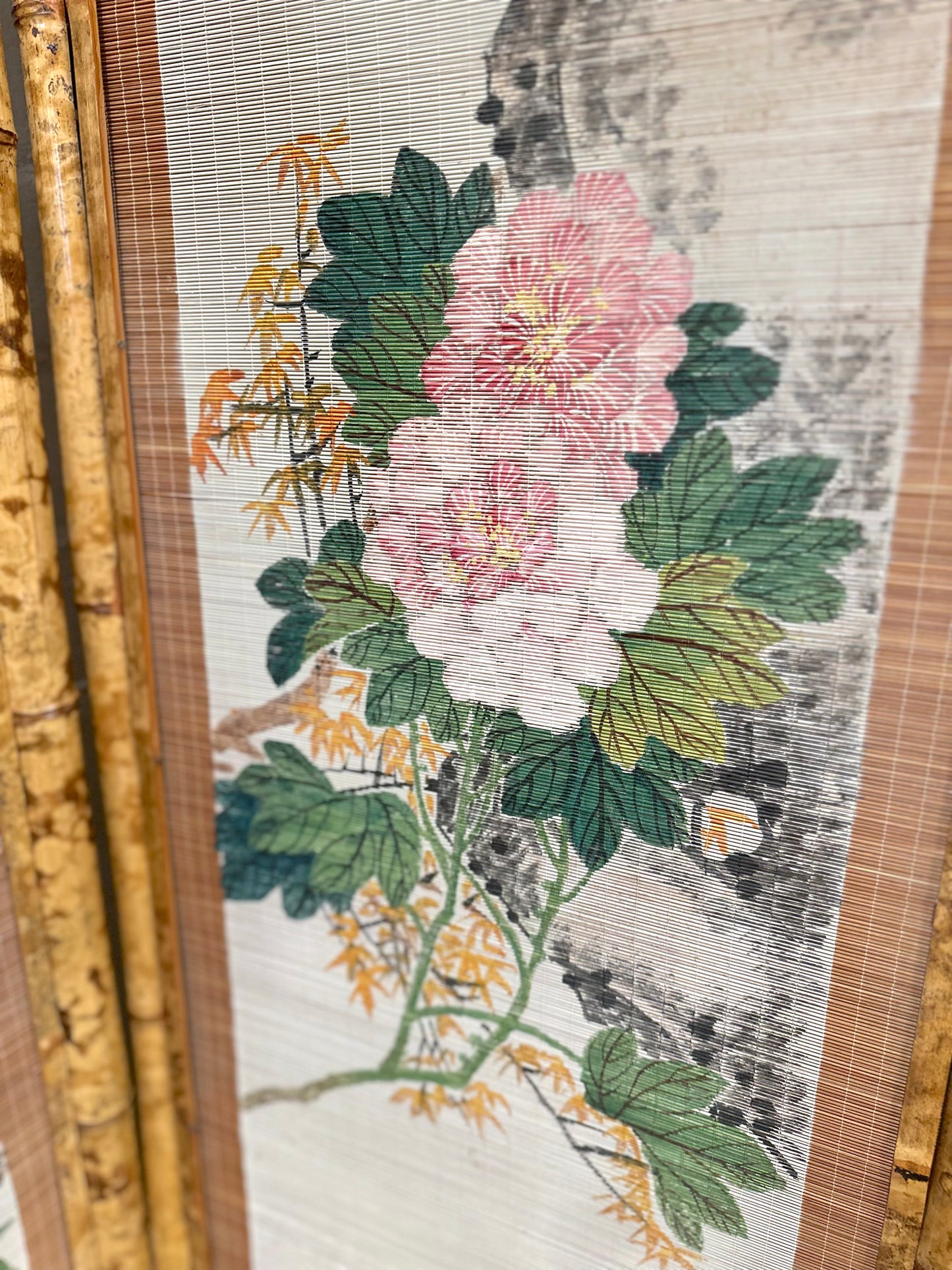 Vintage French Floral Painted Bamboo Divider Screen