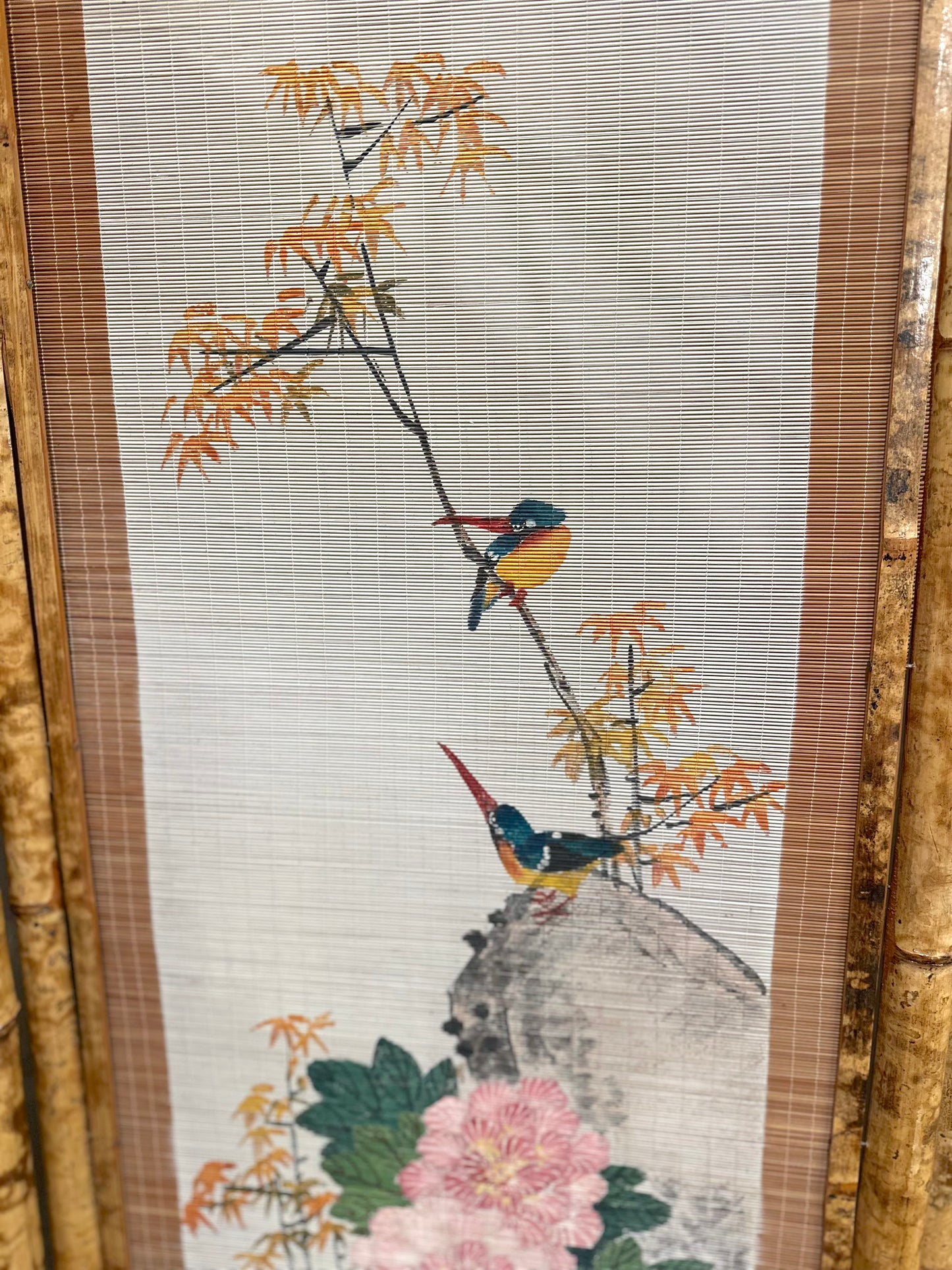 Vintage French Floral Painted Bamboo Divider Screen