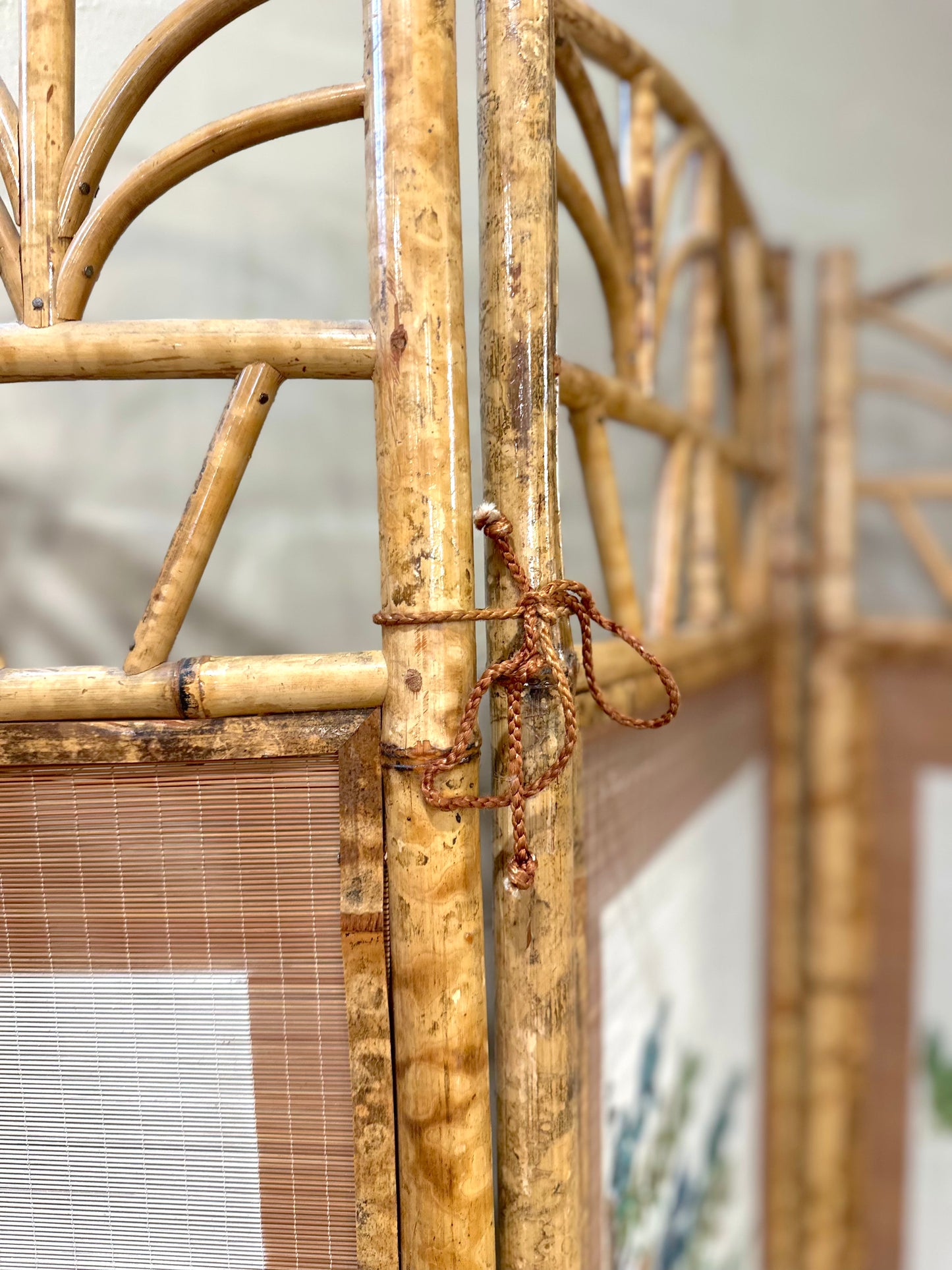 Vintage French Floral Painted Bamboo Divider Screen