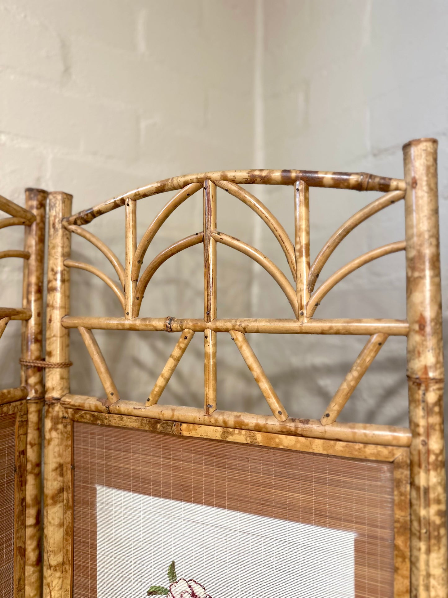 Vintage French Floral Painted Bamboo Divider Screen