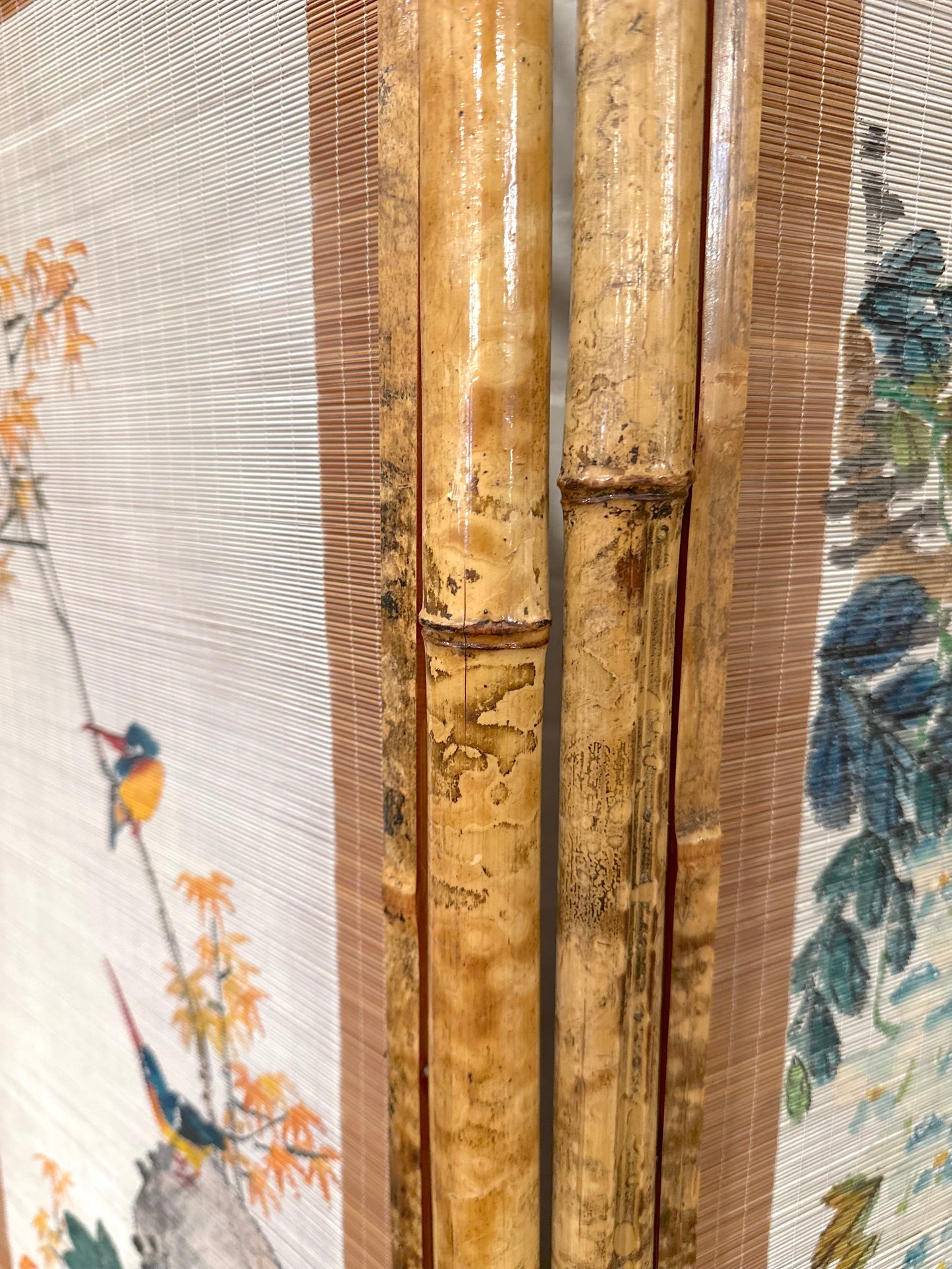 Vintage French Floral Painted Bamboo Divider Screen