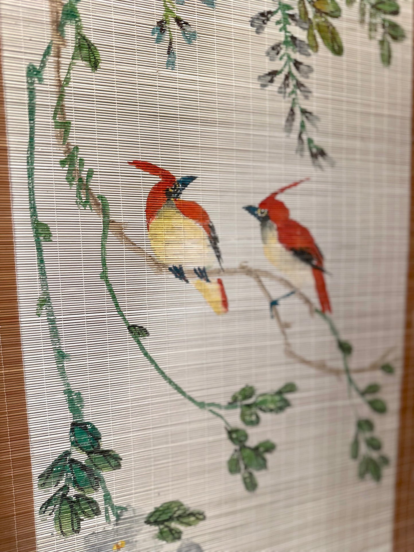 Vintage French Floral Painted Bamboo Divider Screen
