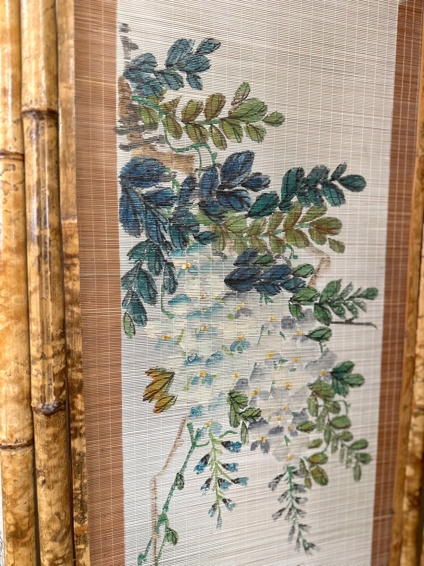 Vintage French Floral Painted Bamboo Divider Screen