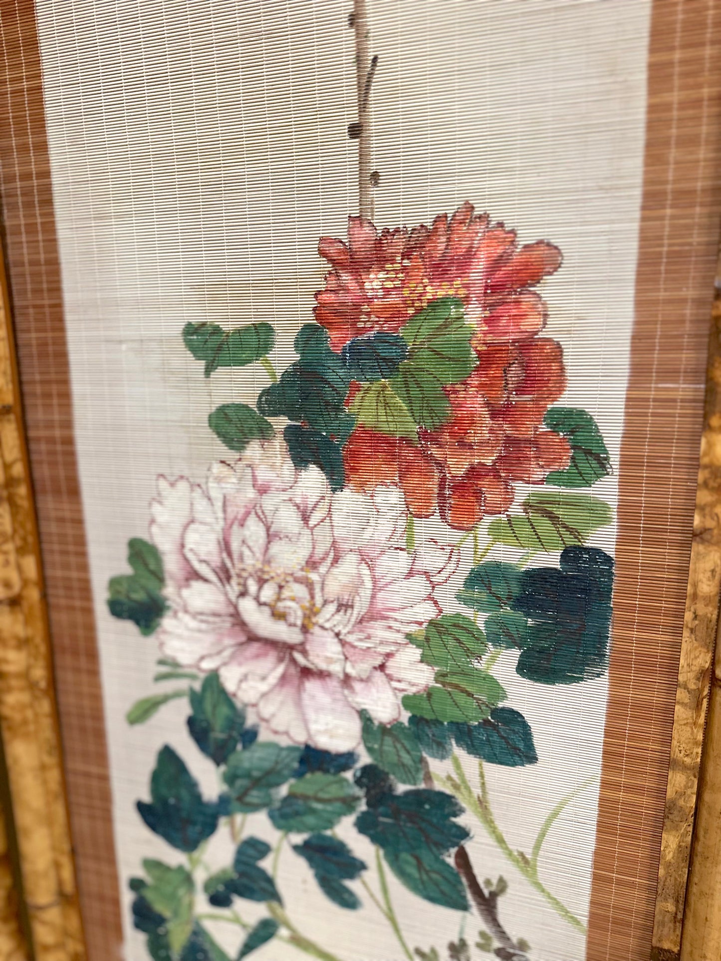 Vintage French Floral Painted Bamboo Divider Screen