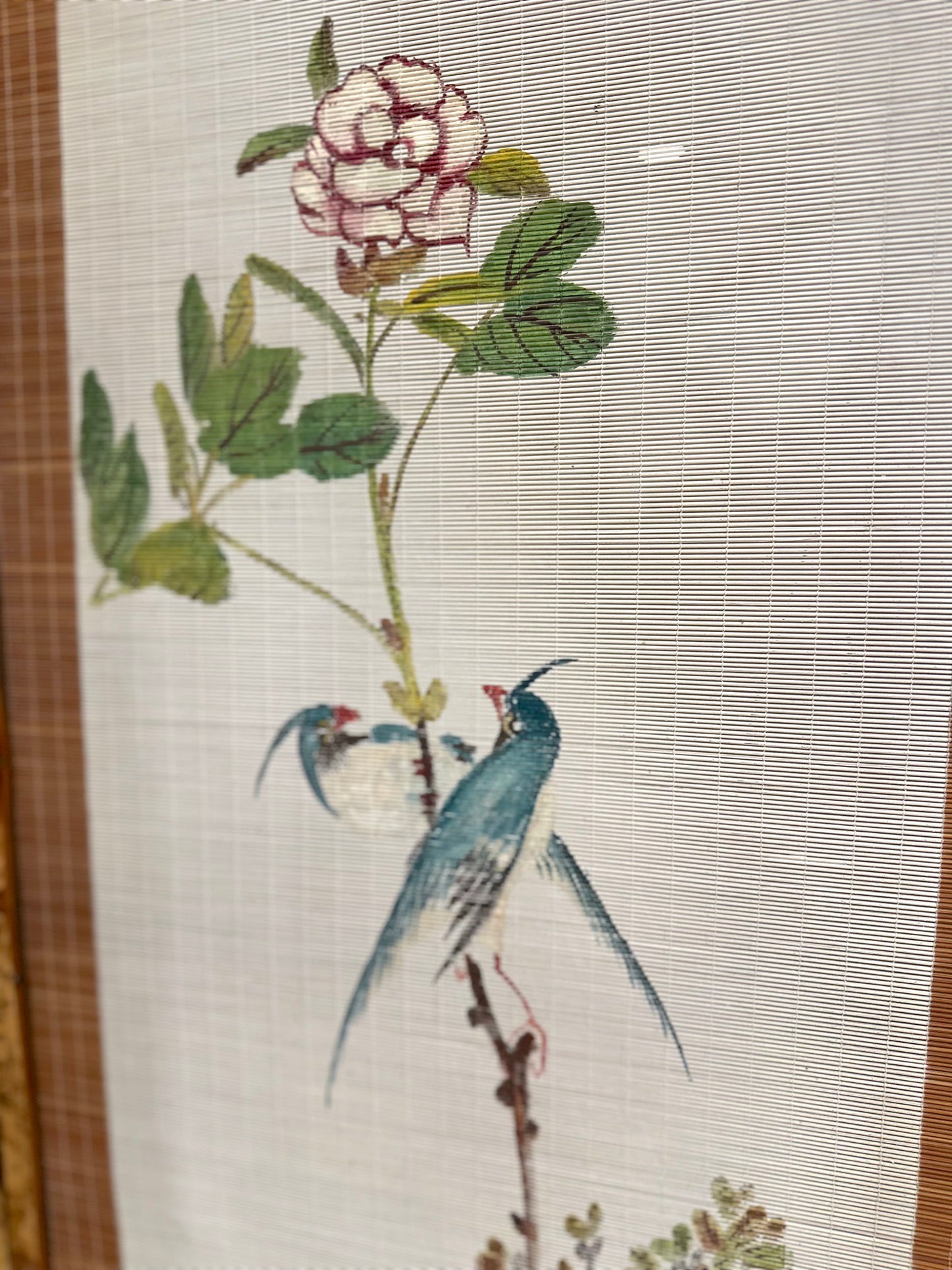 Vintage French Floral Painted Bamboo Divider Screen