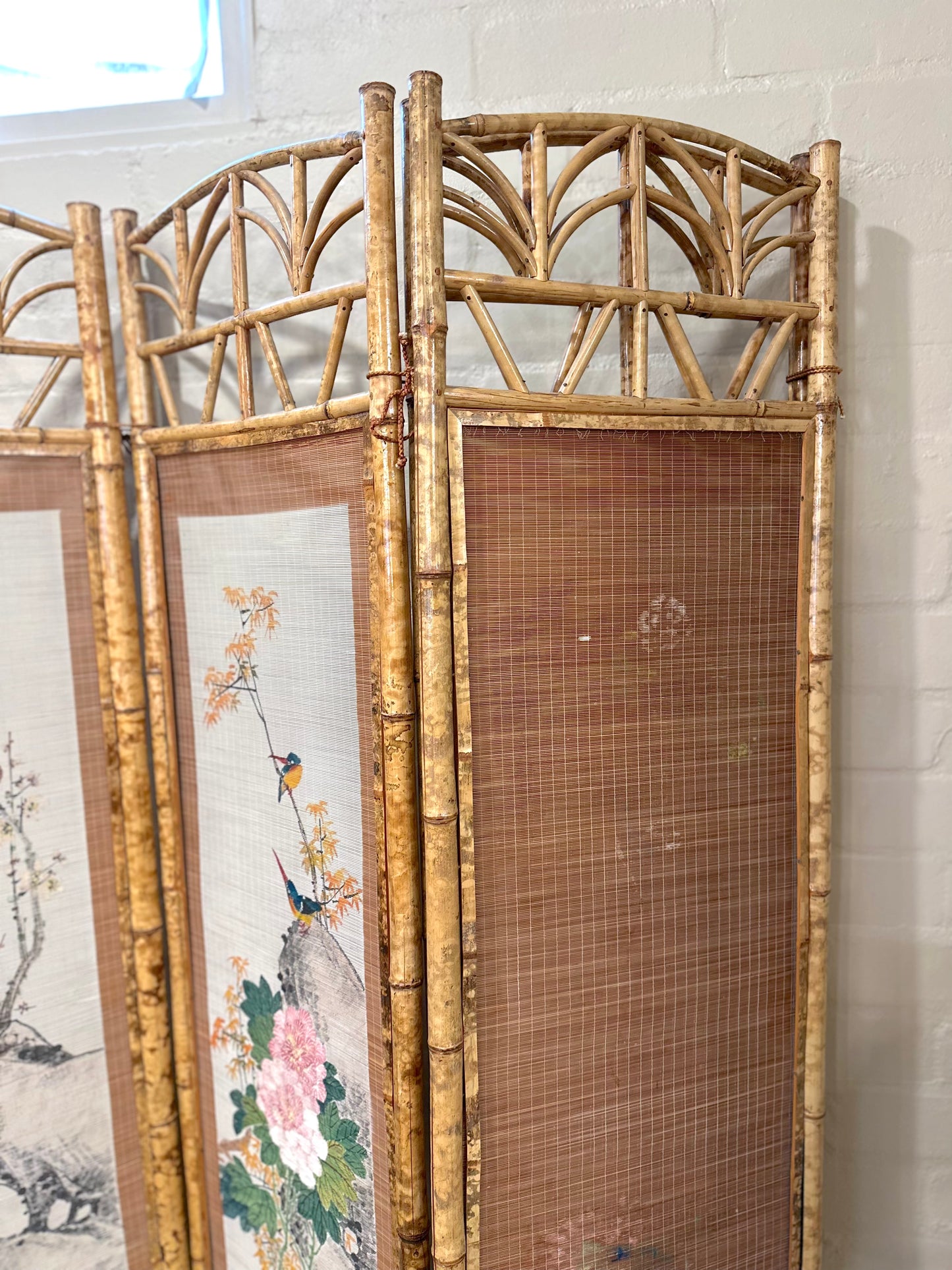 Vintage French Floral Painted Bamboo Divider Screen