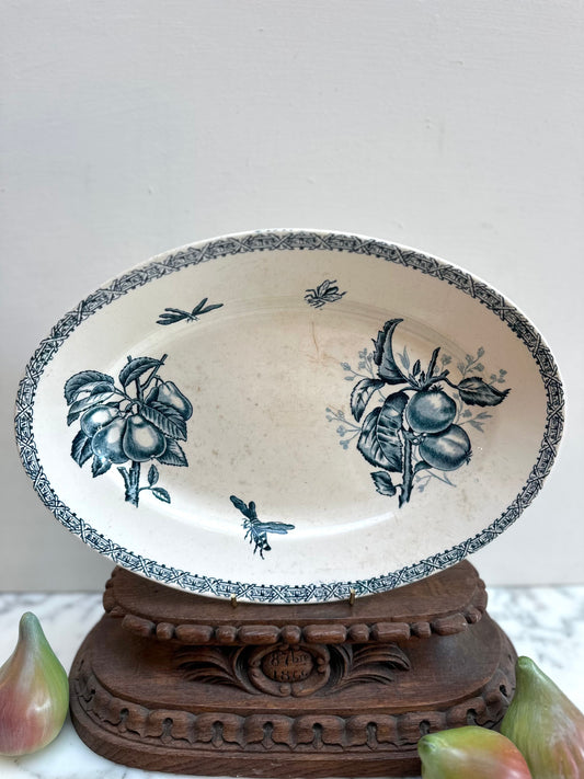Antique French Oval Platter With Blue Fruit Design