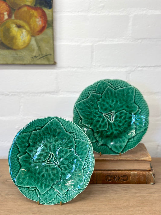 Antique French Majolica Green Ivy Leaf Pair Of Plates I