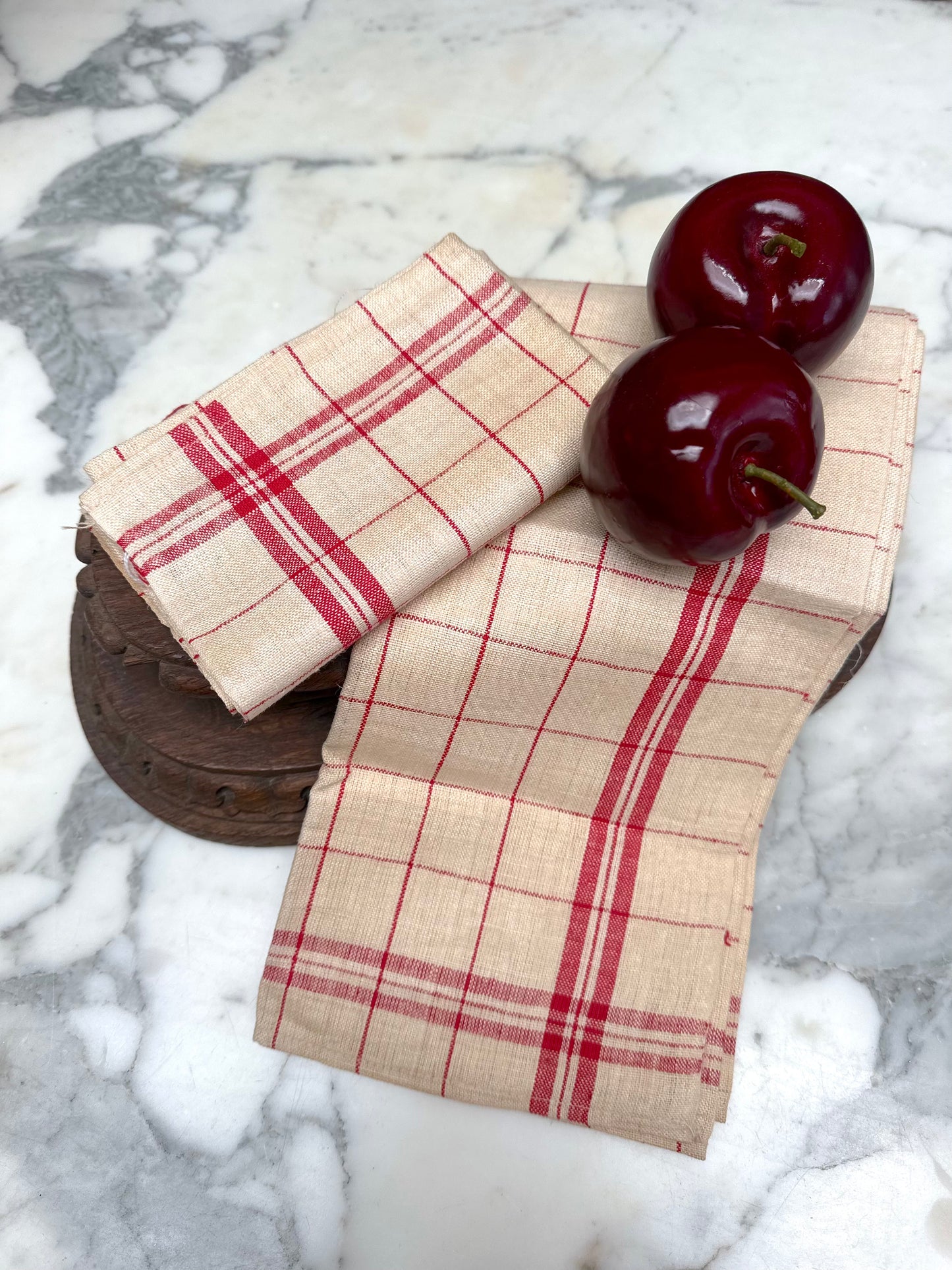 Antique French Red Check Pair of Linen Tea Towels I