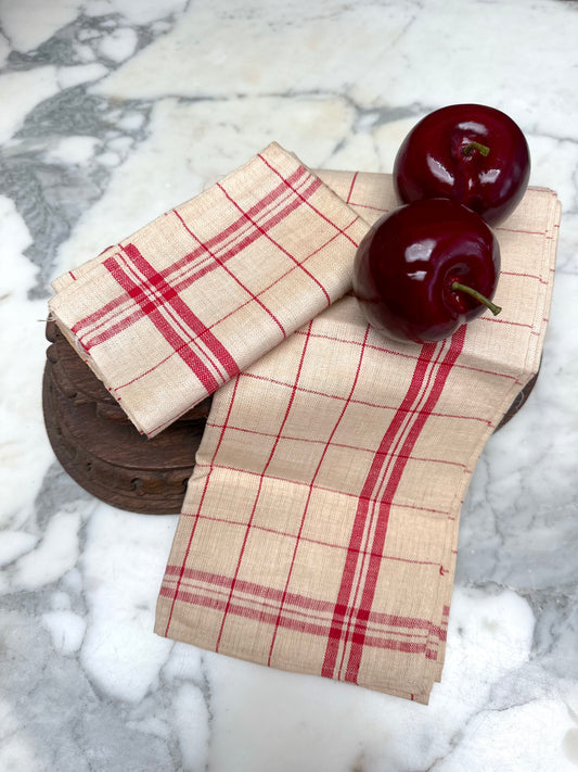 Antique French Red Check Pair of Linen Tea Towels I
