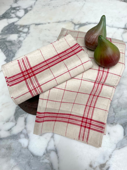 Antique French Red Check Pair of Linen Tea Towels II