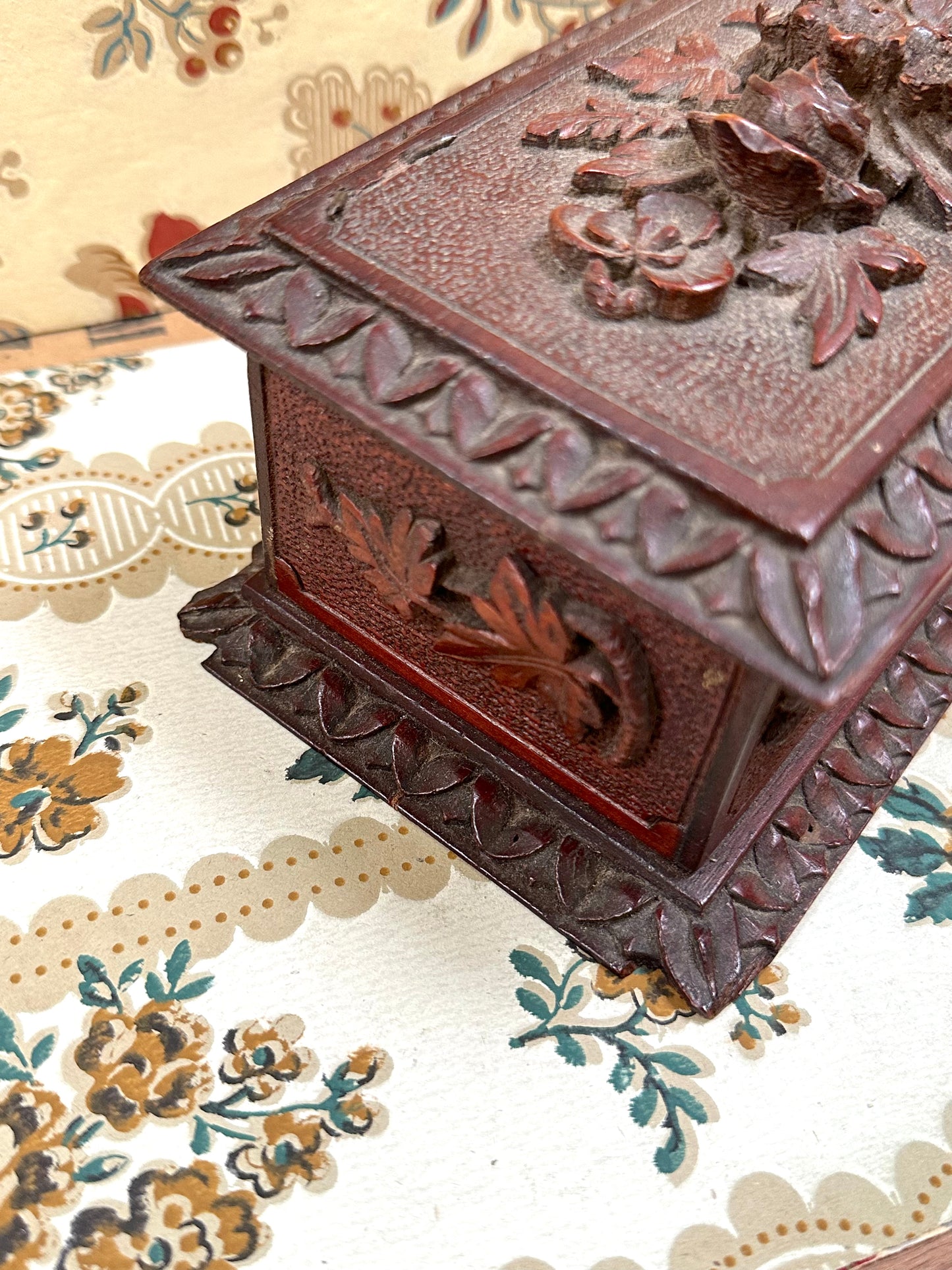 Antique French Small Black Forest Carved Wooden Box