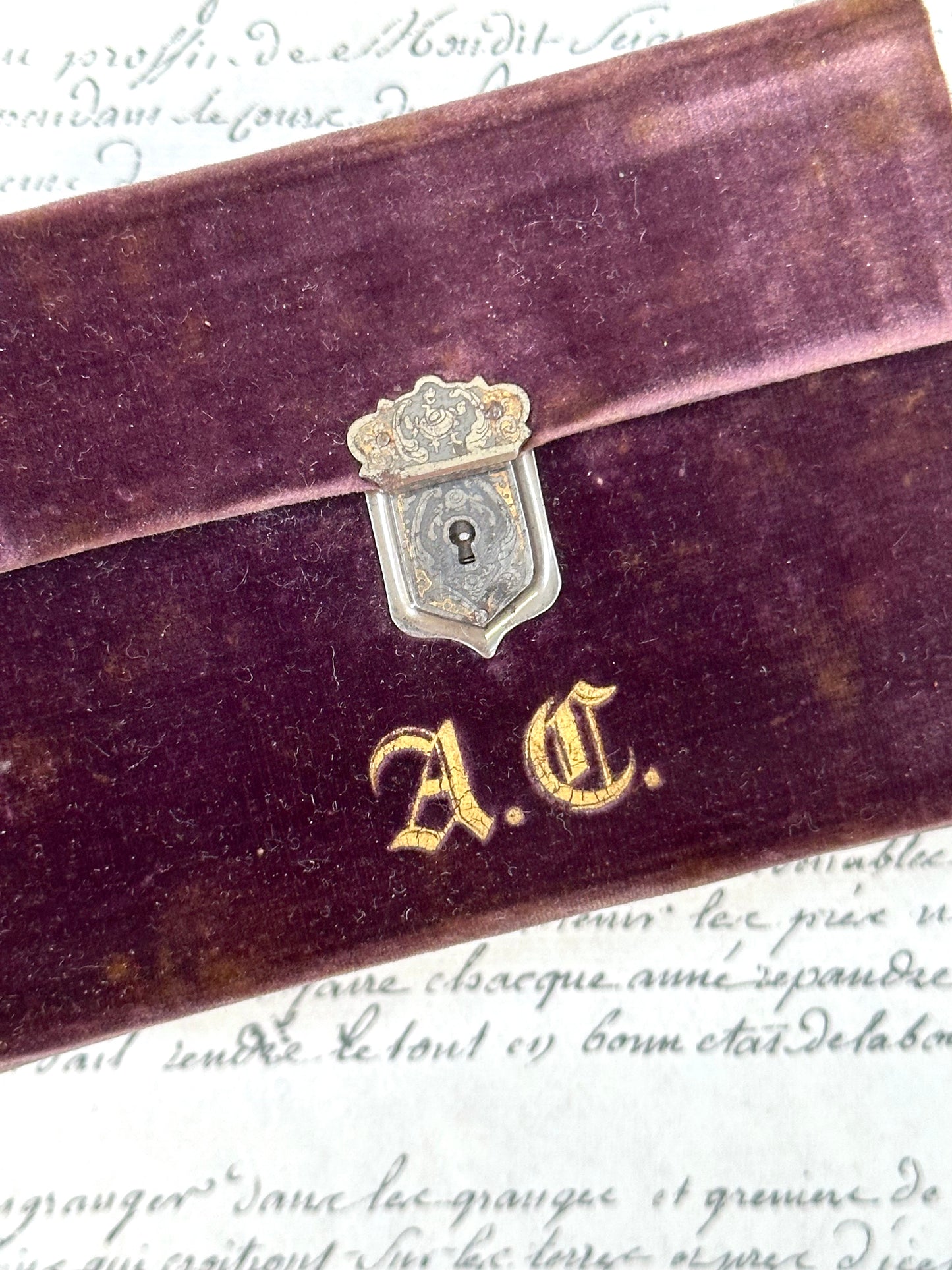 Antique French Velvet Fold Out Sewing Box And Needle Case