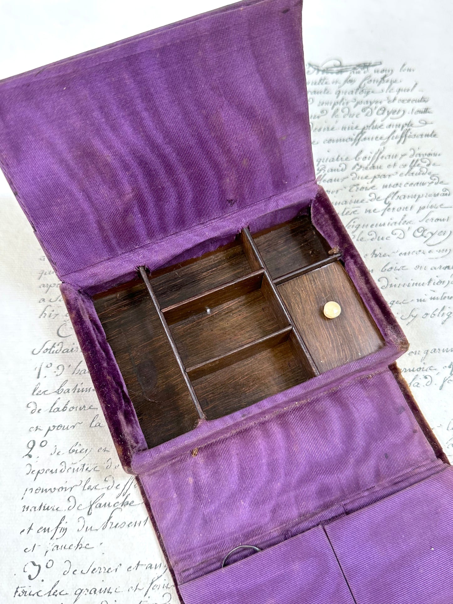 Antique French Velvet Fold Out Sewing Box And Needle Case