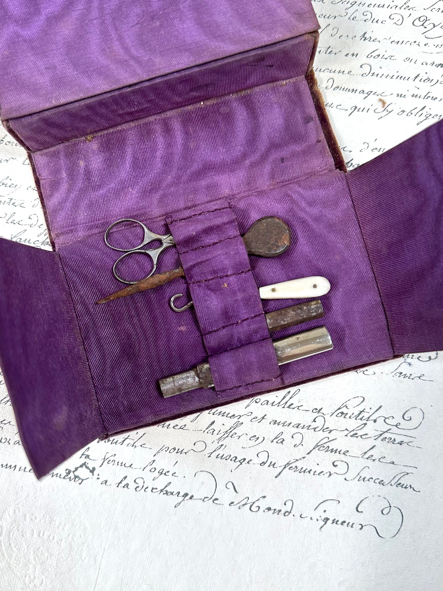 Antique French Velvet Fold Out Sewing Box And Needle Case