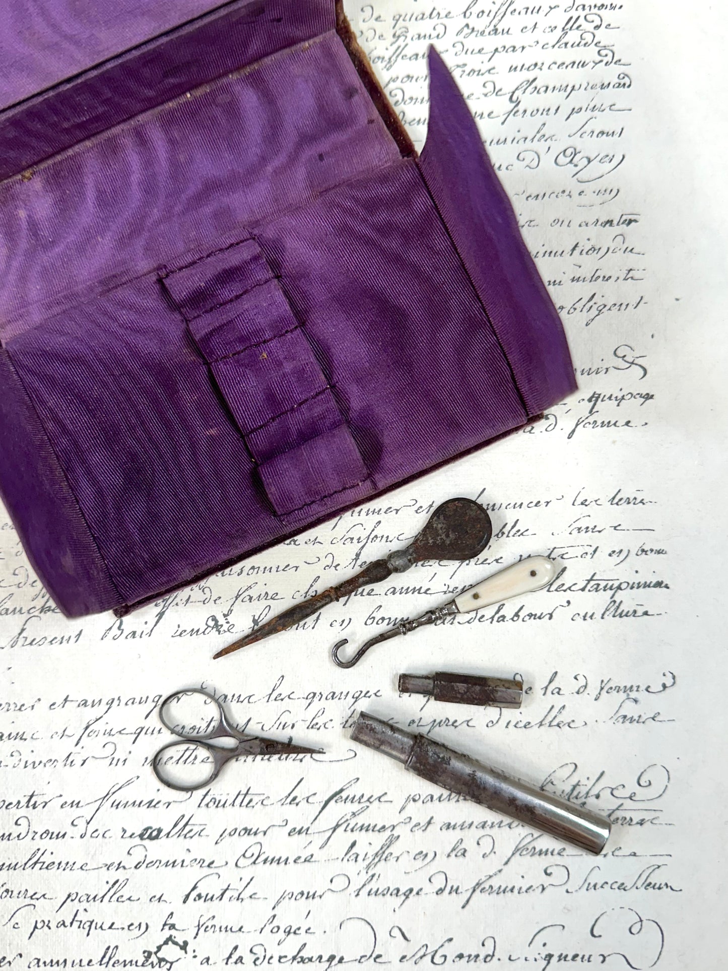 Antique French Velvet Fold Out Sewing Box And Needle Case