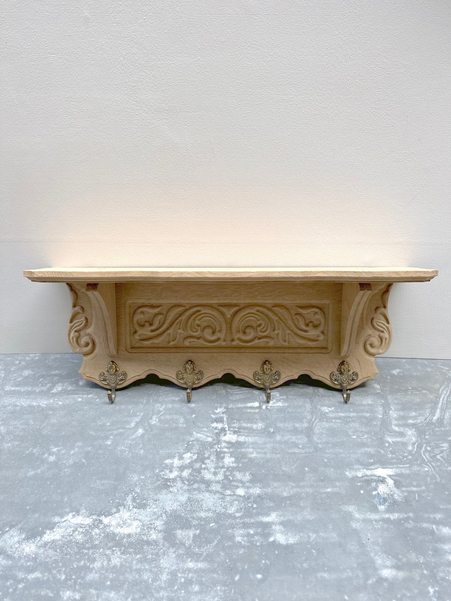 Antique French Small Farmhouse Oak 4 Hook Wall Shelf