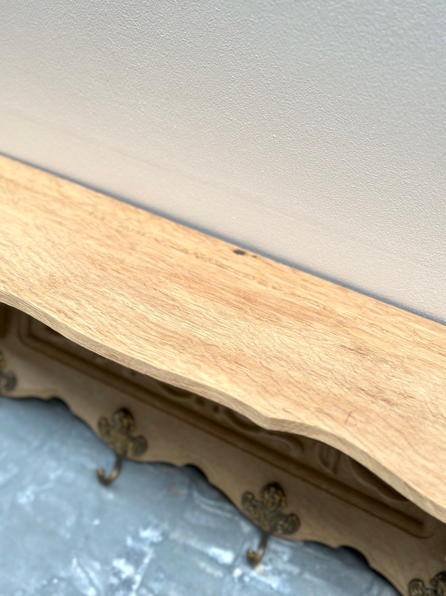 Antique French Small Farmhouse Oak 4 Hook Wall Shelf