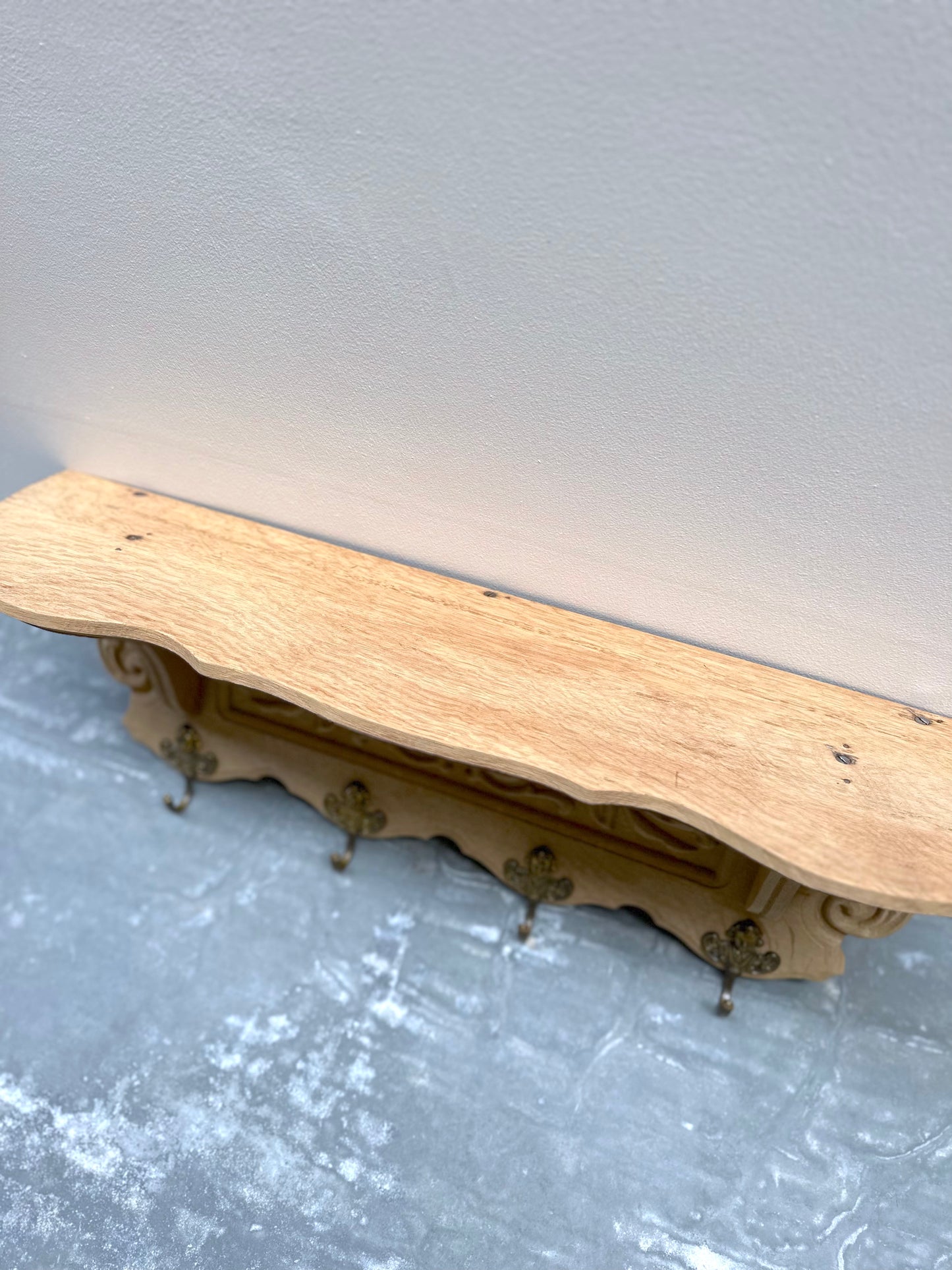 Antique French Small Farmhouse Oak 4 Hook Wall Shelf