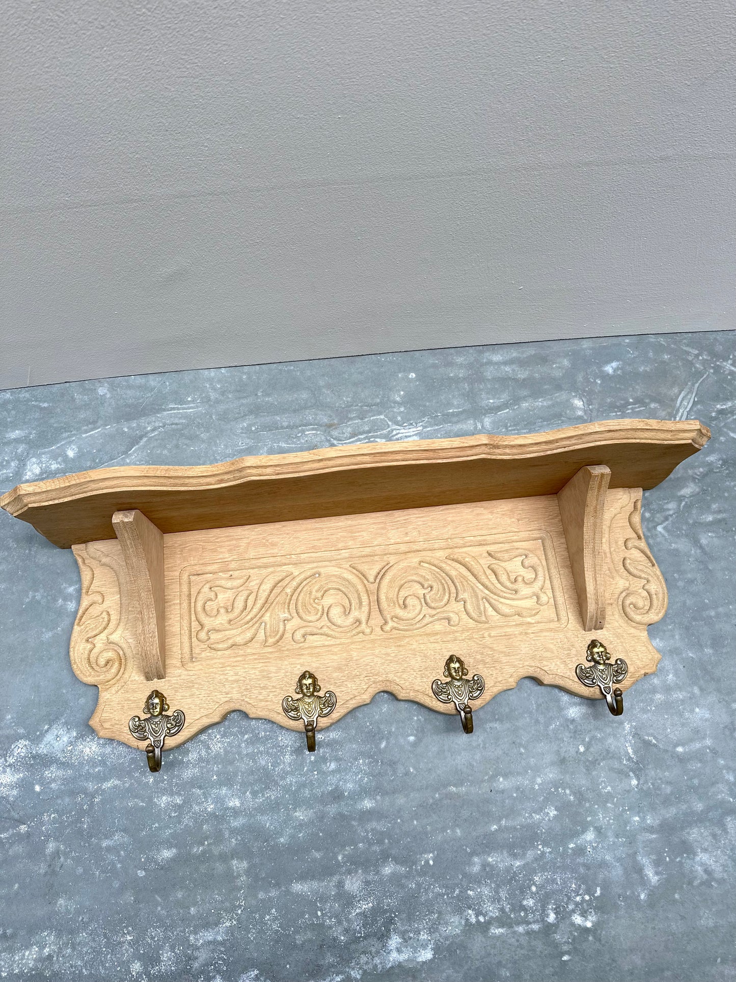Antique French Small Farmhouse Oak 4 Hook Wall Shelf