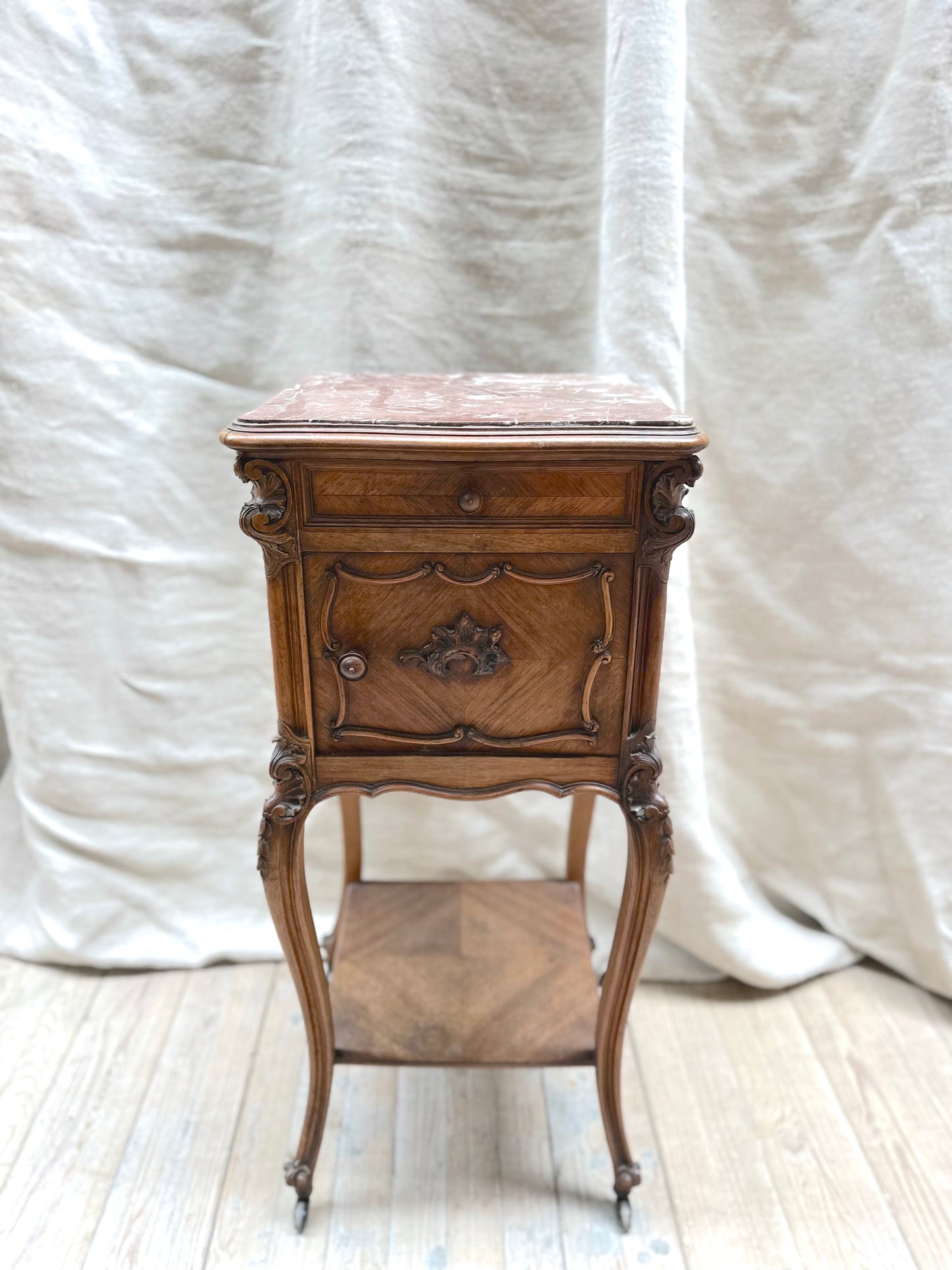 Antique French Louis XV Quartercut Veneer Bedside Table