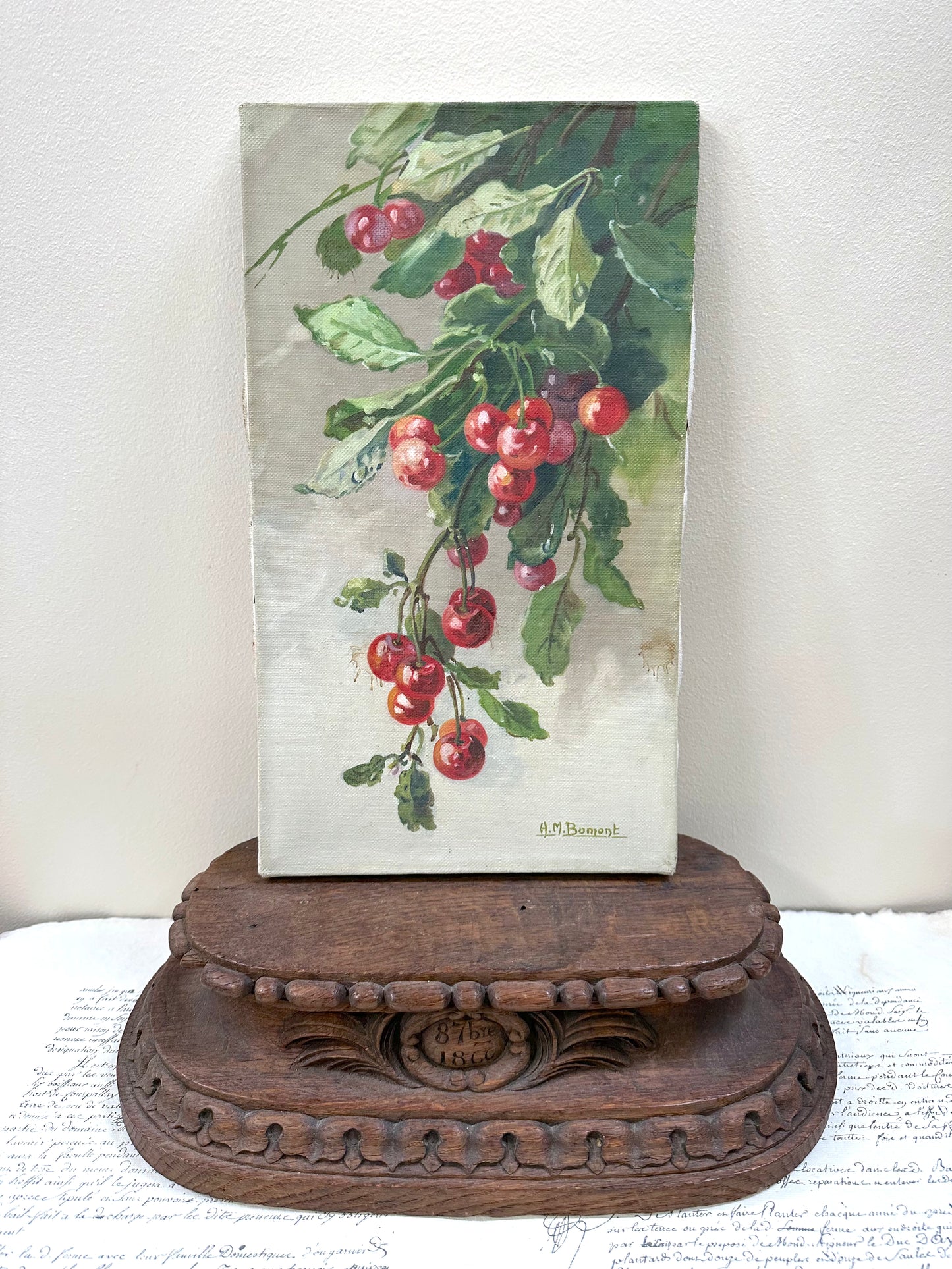 Vintage European Cherry Branch Painting