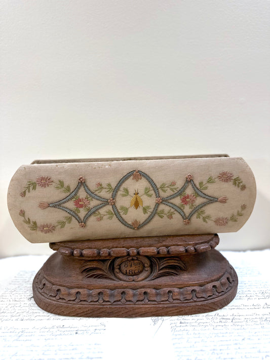 Antique French Fabric Covered Boudoir Box With Embroidered Bee
