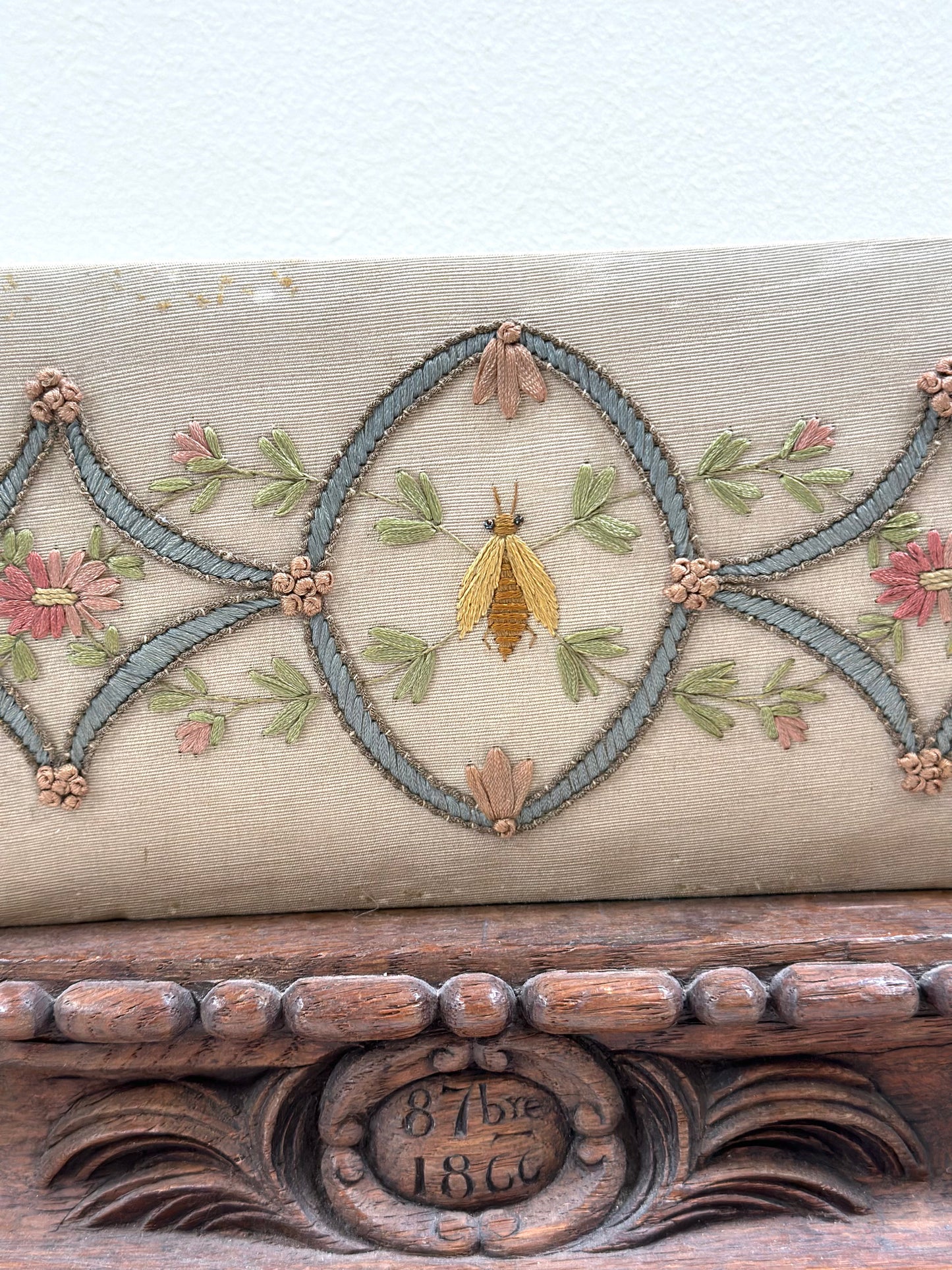 Antique French Fabric Covered Boudoir Box With Embroidered Bee