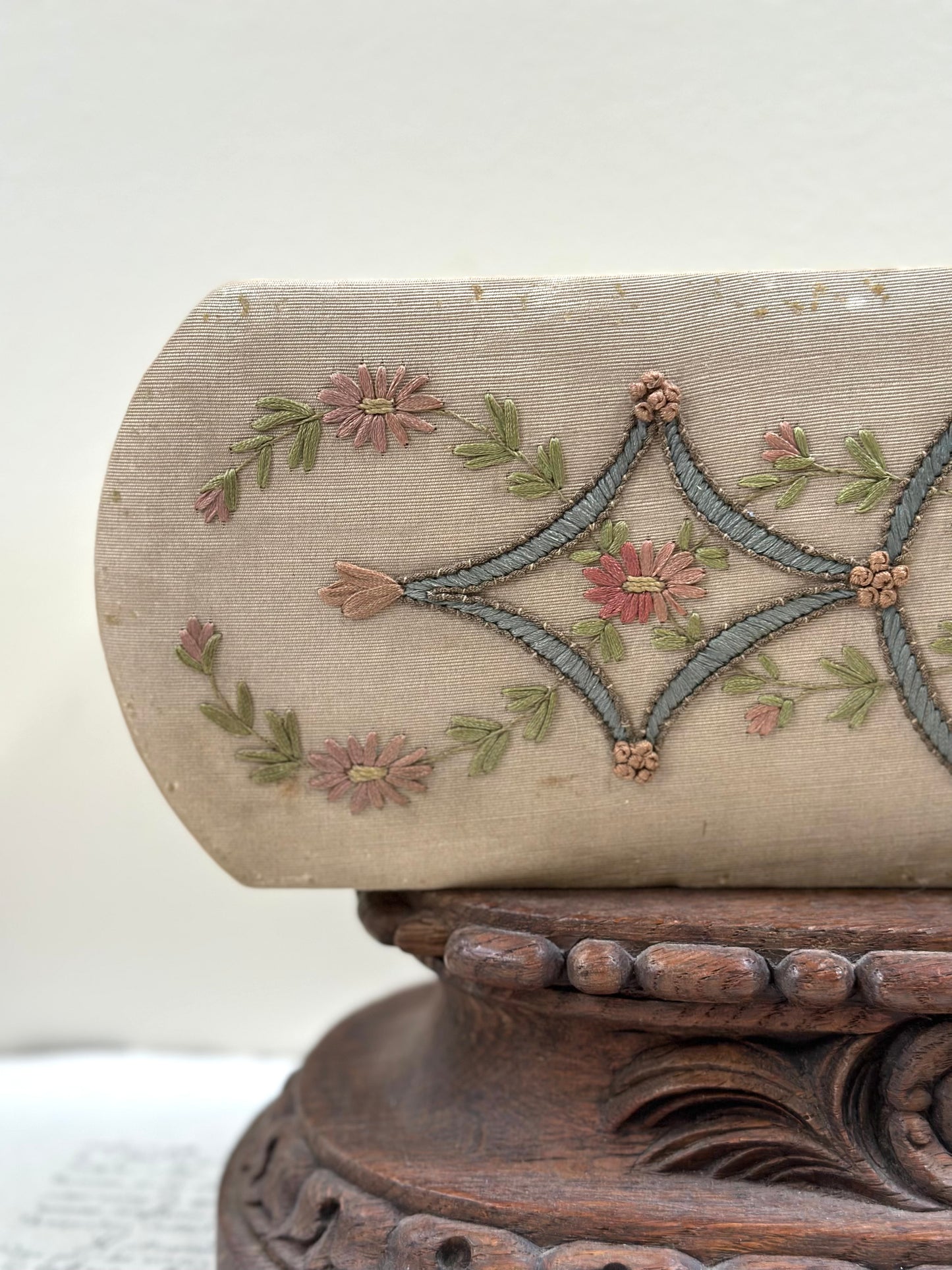 Antique French Fabric Covered Boudoir Box With Embroidered Bee
