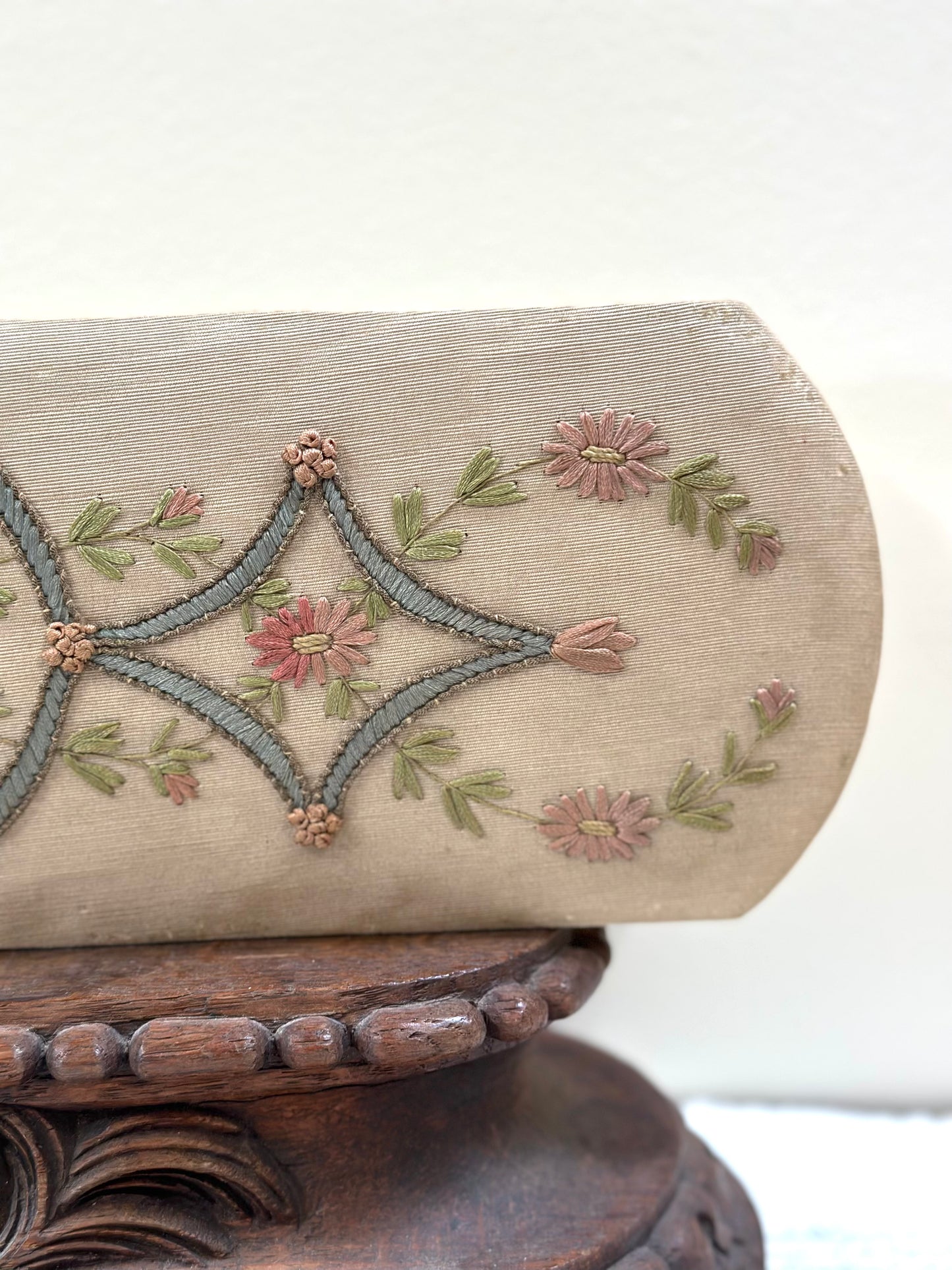 Antique French Fabric Covered Boudoir Box With Embroidered Bee