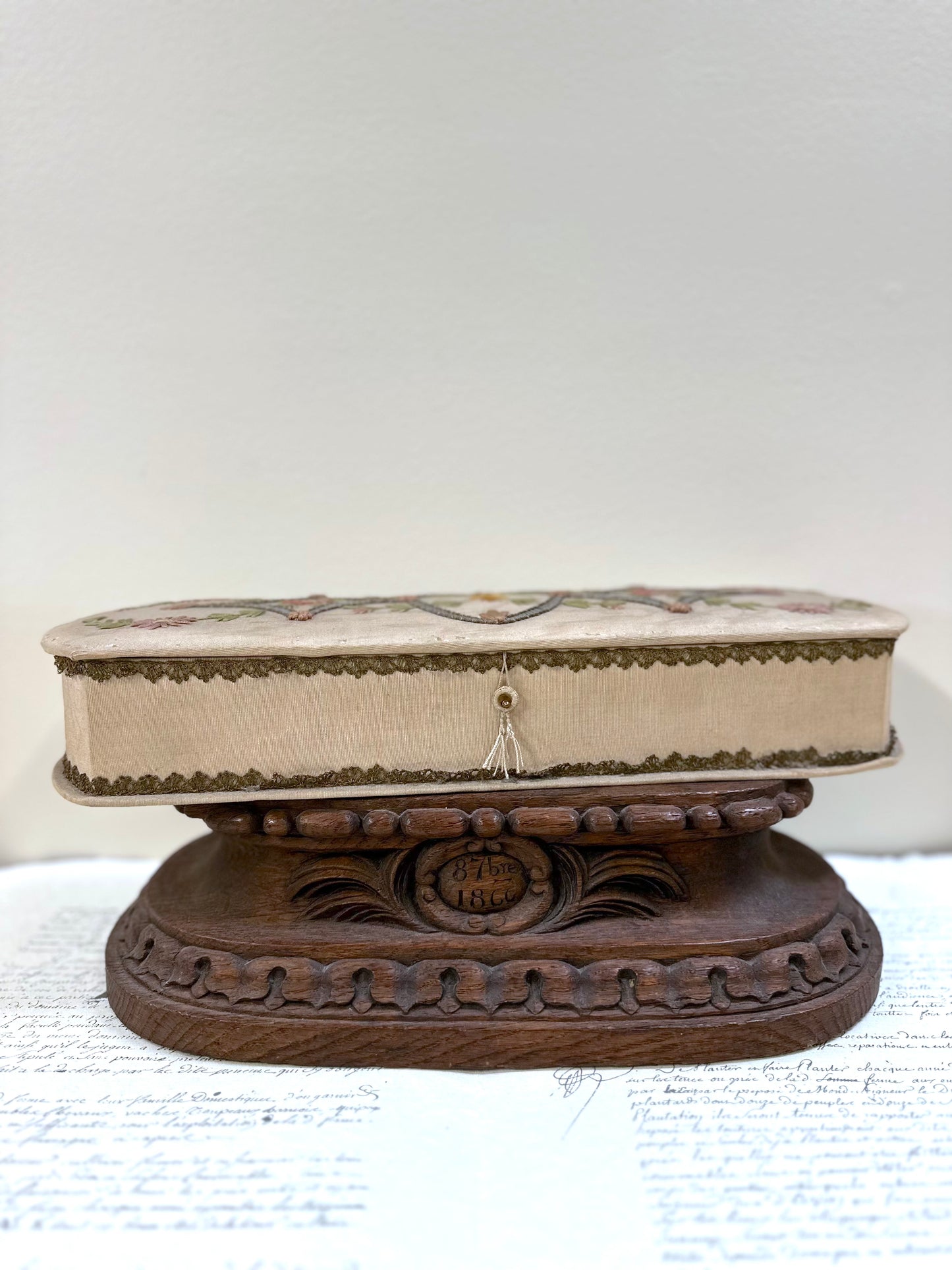 Antique French Fabric Covered Boudoir Box With Embroidered Bee