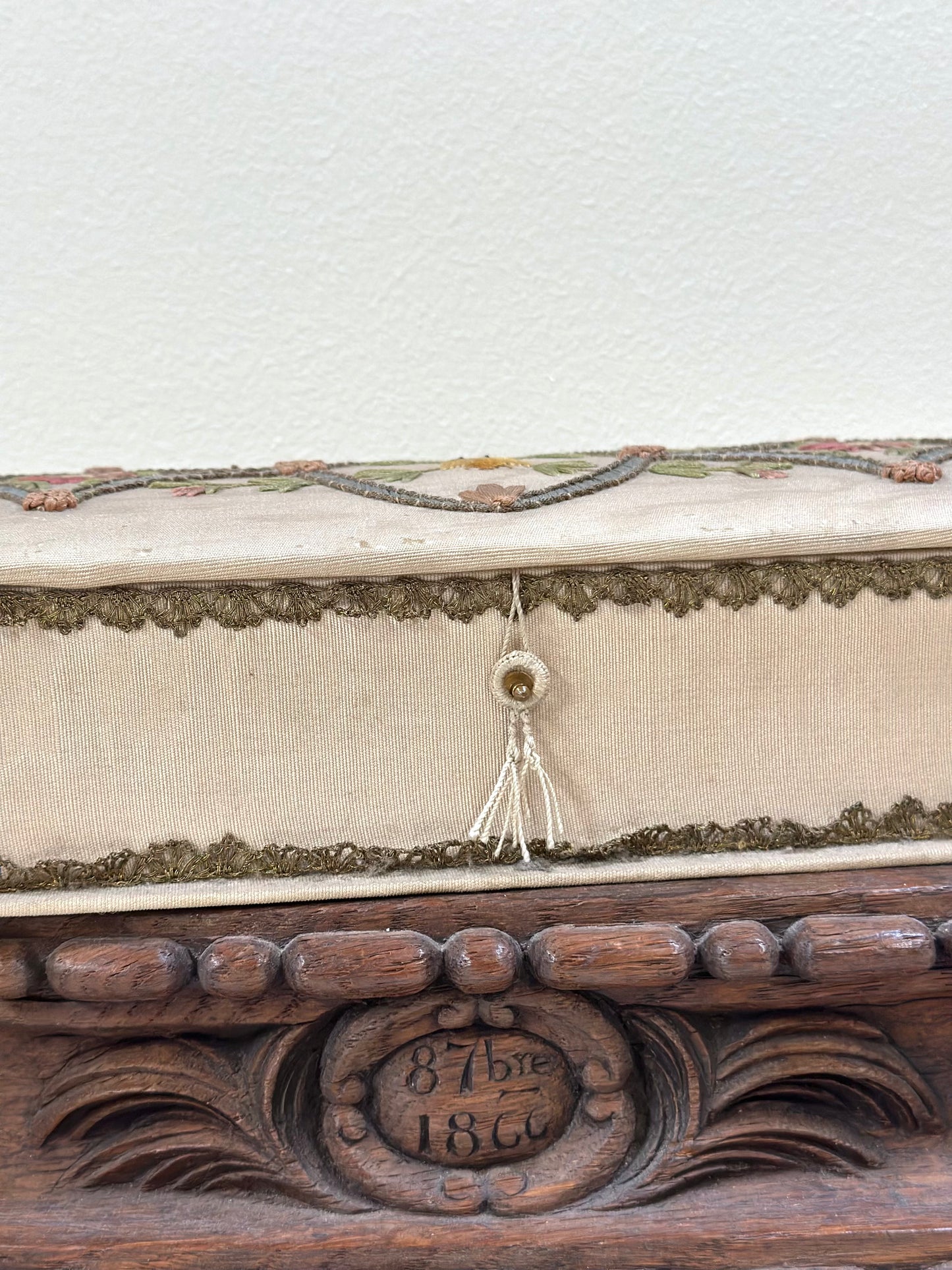 Antique French Fabric Covered Boudoir Box With Embroidered Bee
