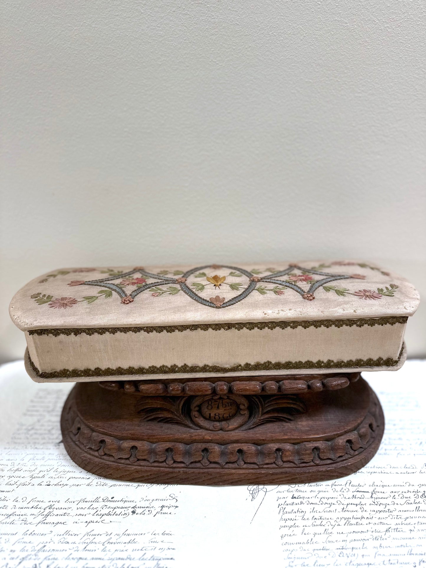 Antique French Fabric Covered Boudoir Box With Embroidered Bee