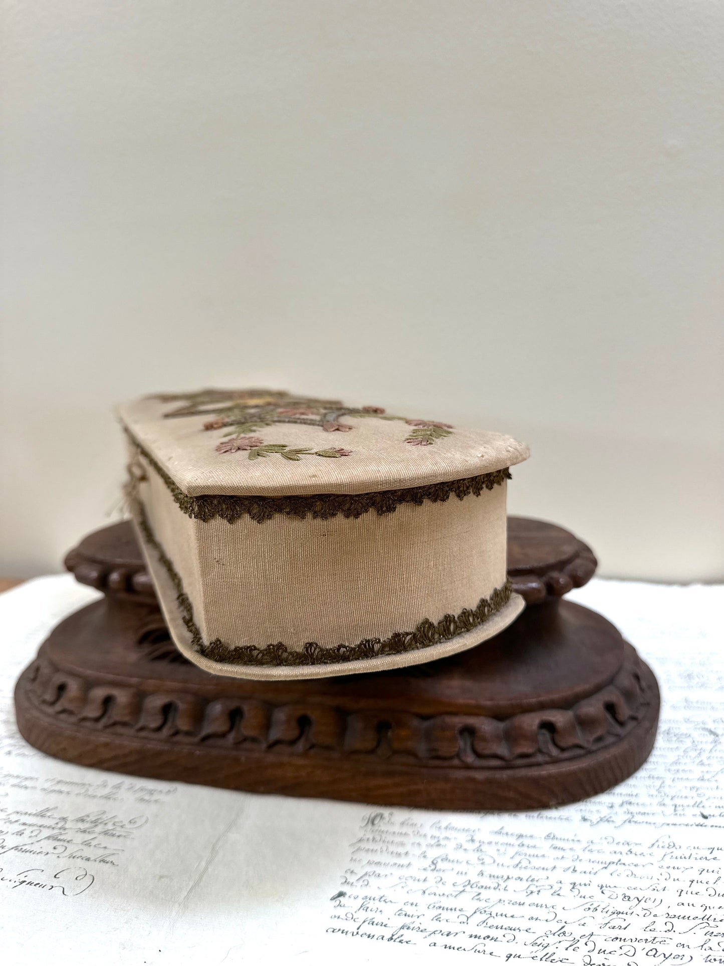 Antique French Fabric Covered Boudoir Box With Embroidered Bee