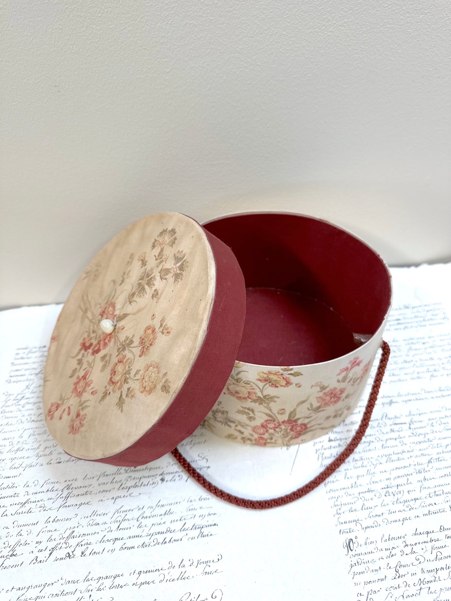 Round Antique French Fabric Covered Boudoir Box