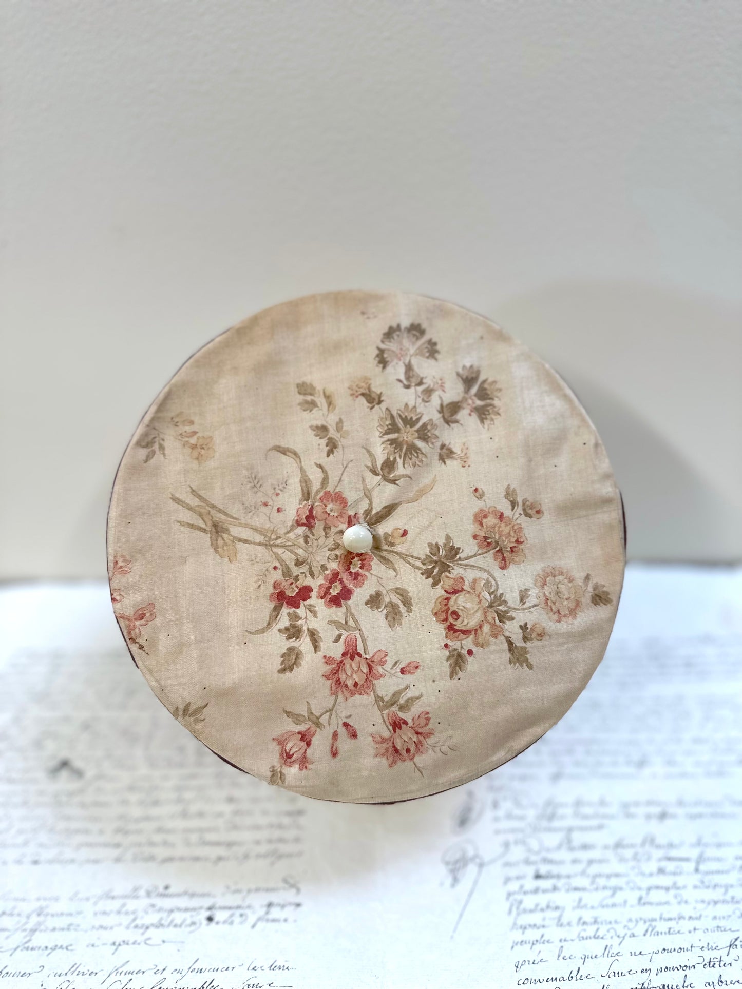 Round Antique French Fabric Covered Boudoir Box
