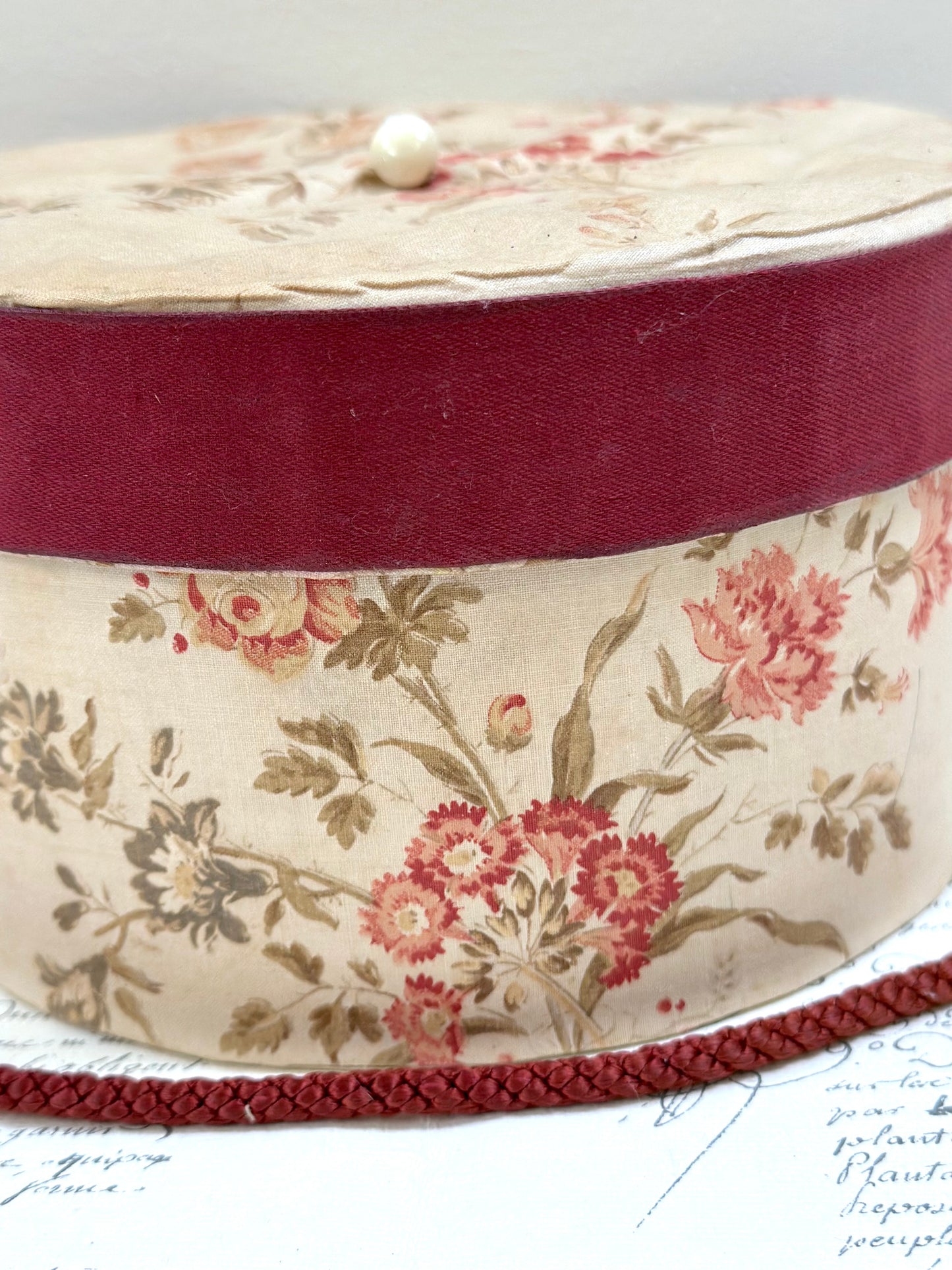 Round Antique French Fabric Covered Boudoir Box