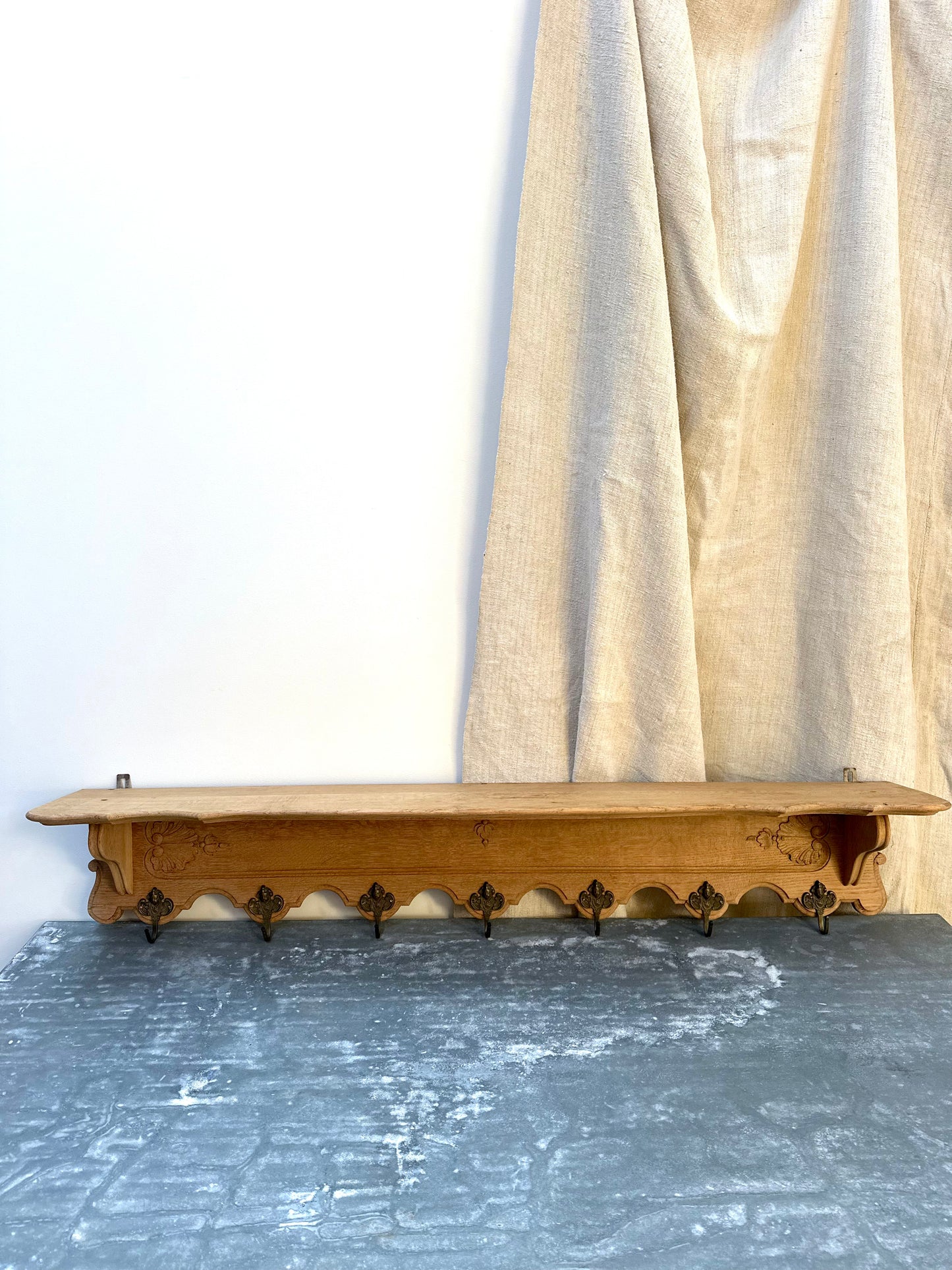 Antique French Louis XV Oak 7 Hook Wall Shelf