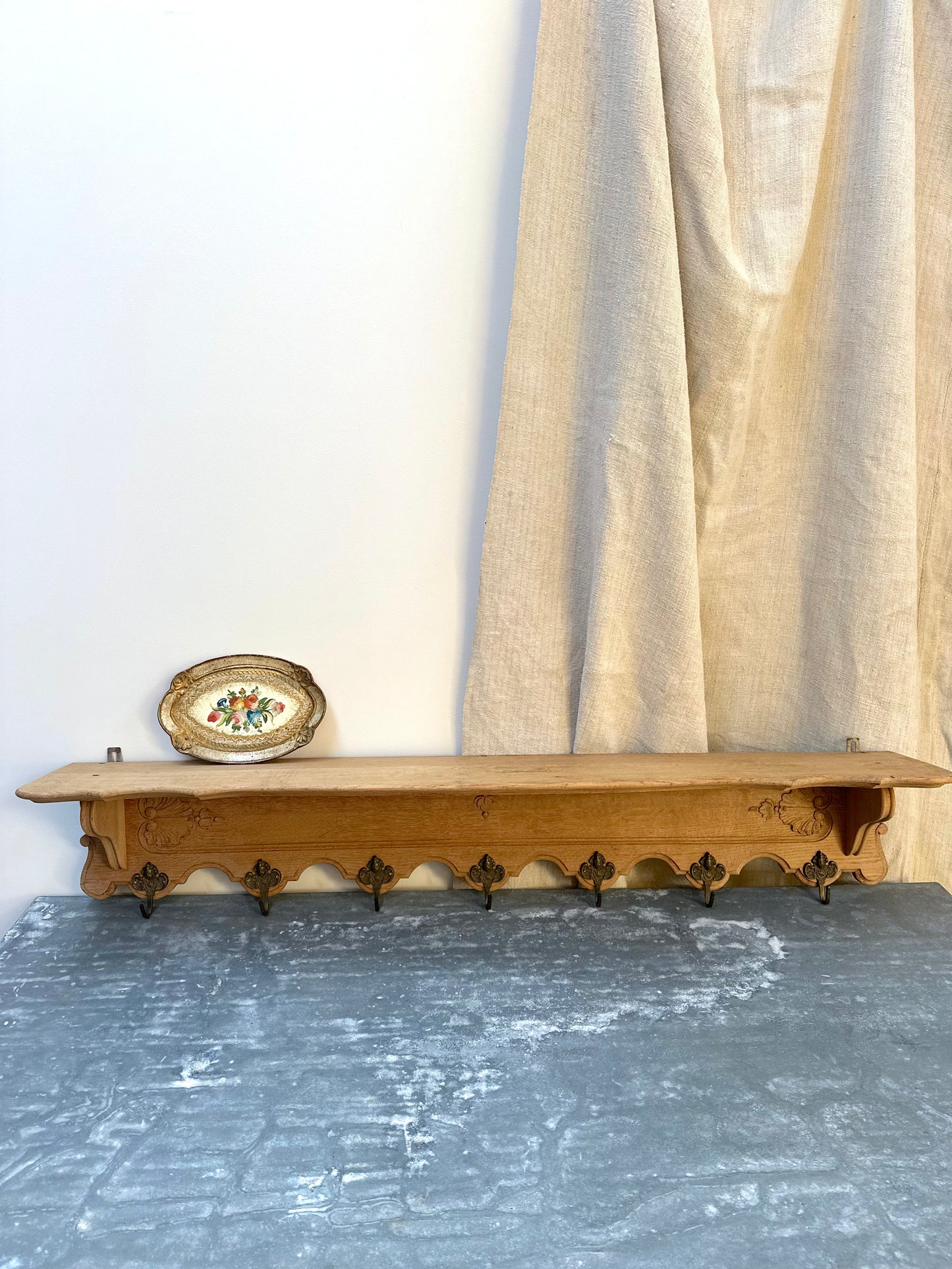 Antique French Louis XV Oak 7 Hook Wall Shelf