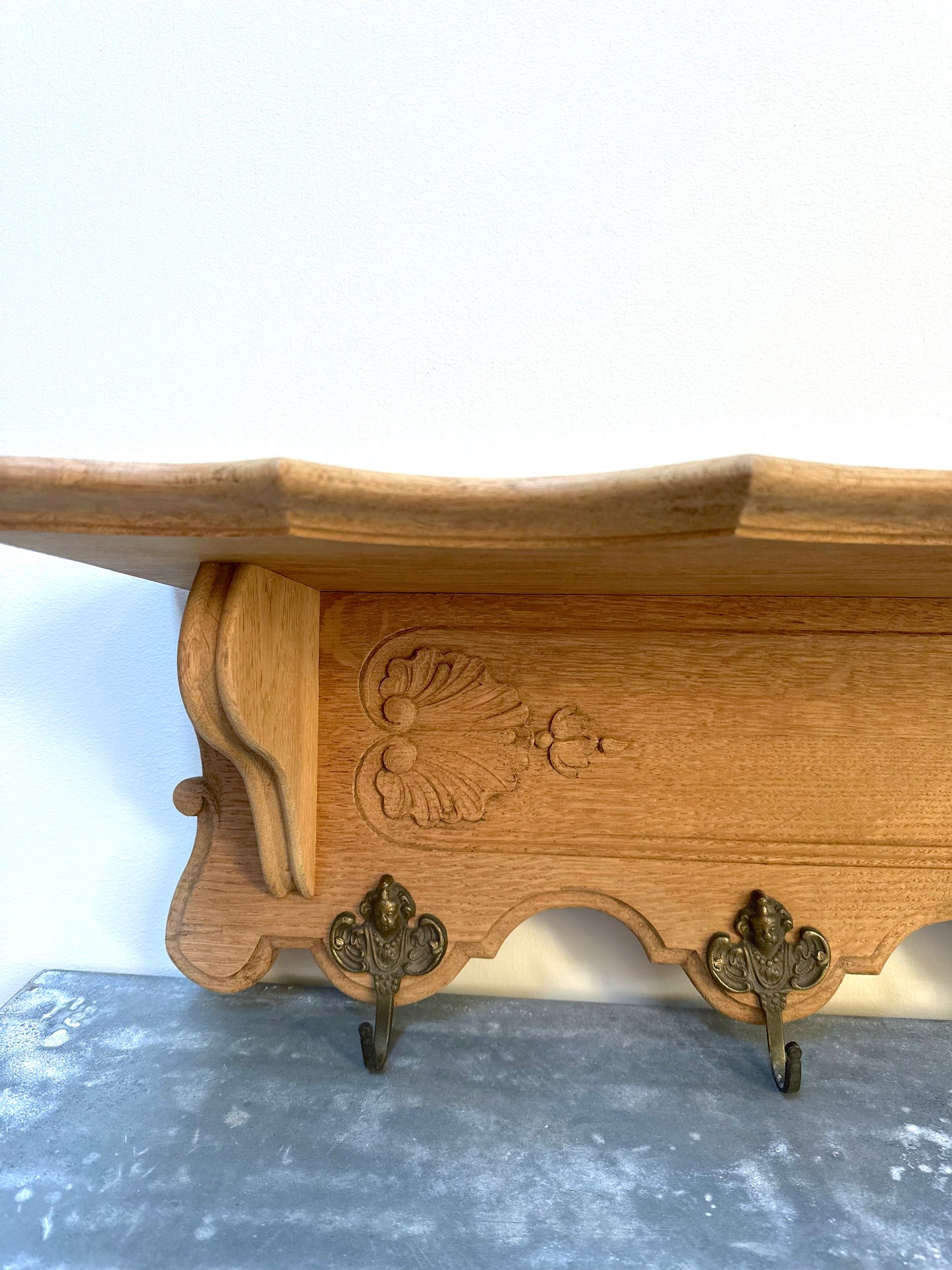 Antique French Louis XV Oak 7 Hook Wall Shelf