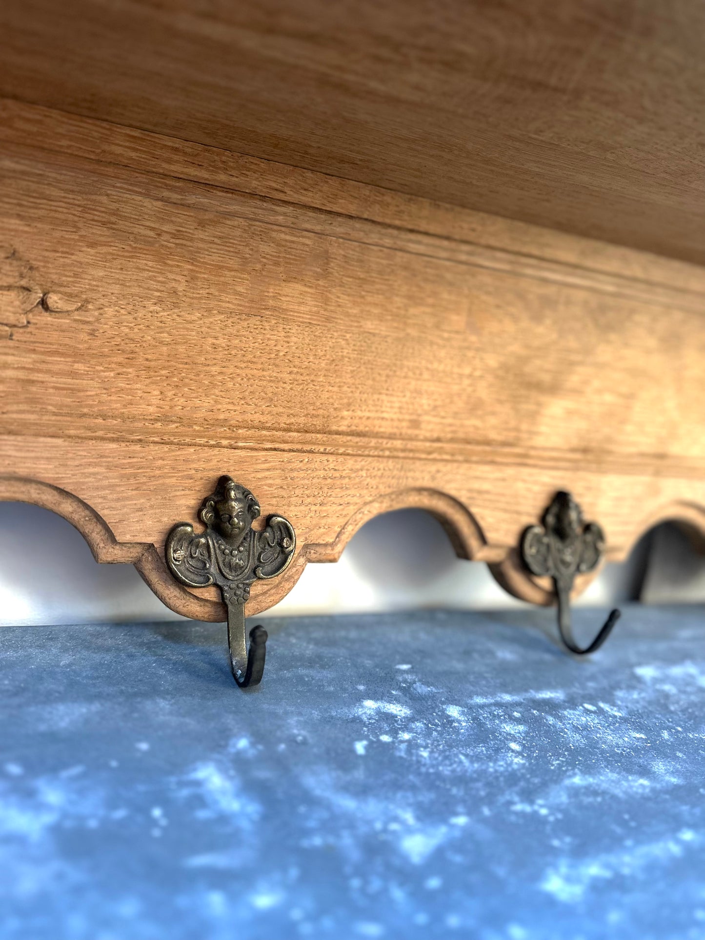 Antique French Louis XV Oak 7 Hook Wall Shelf