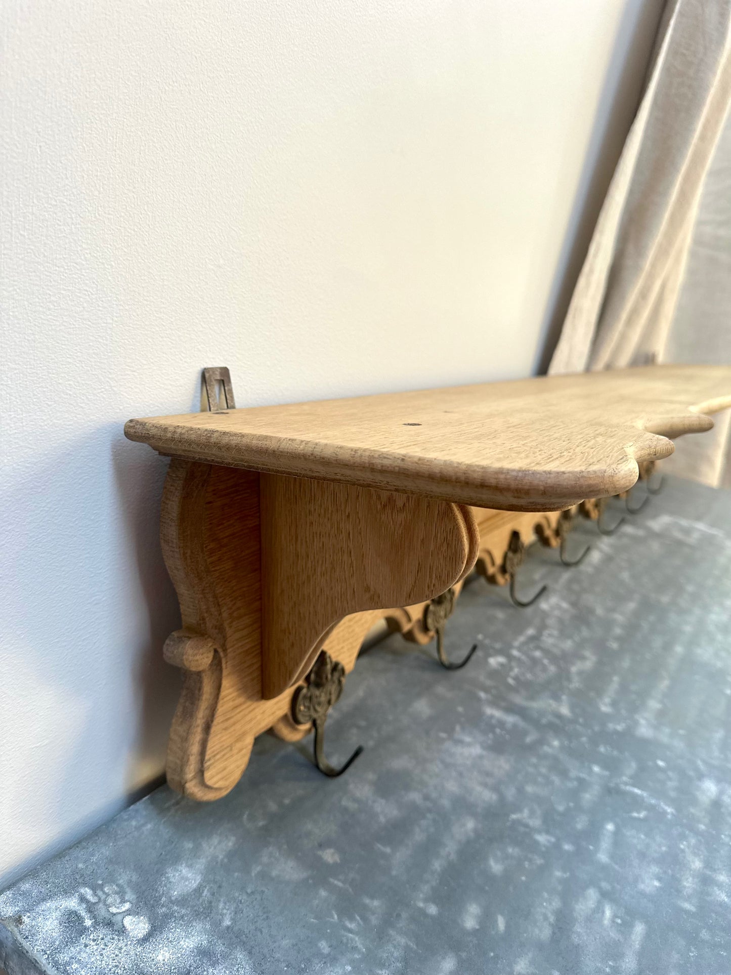 Antique French Louis XV Oak 7 Hook Wall Shelf