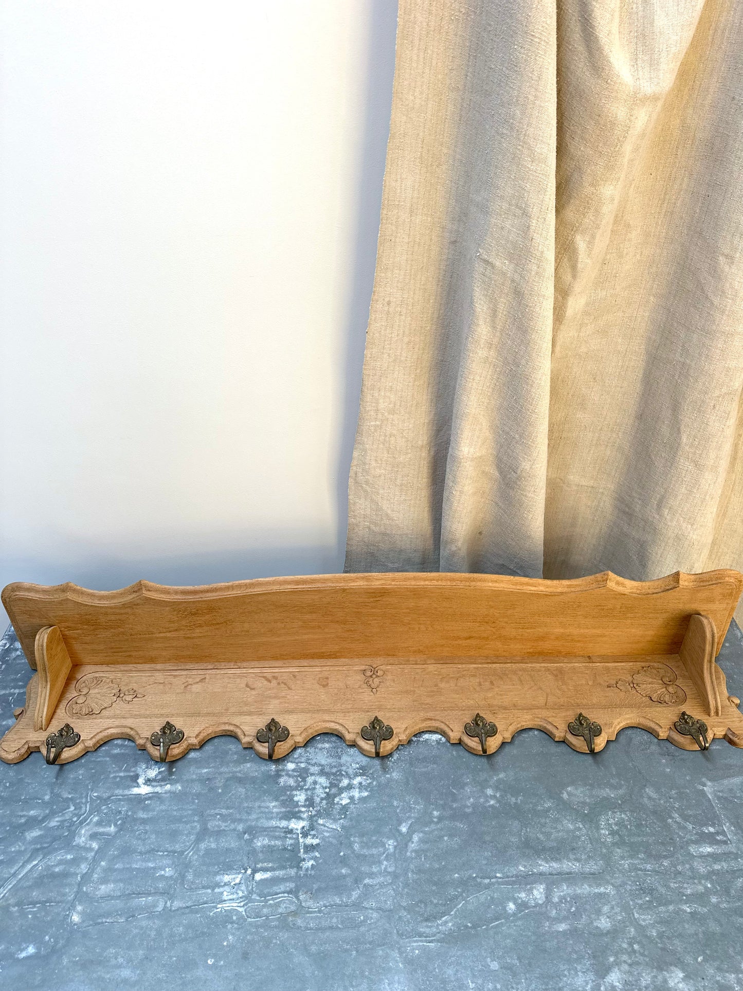 Antique French Louis XV Oak 7 Hook Wall Shelf