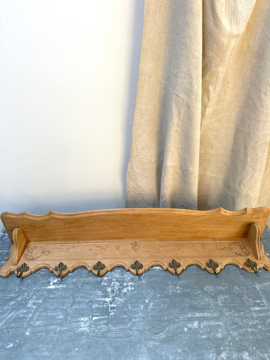 Antique French Louis XV Oak 7 Hook Wall Shelf