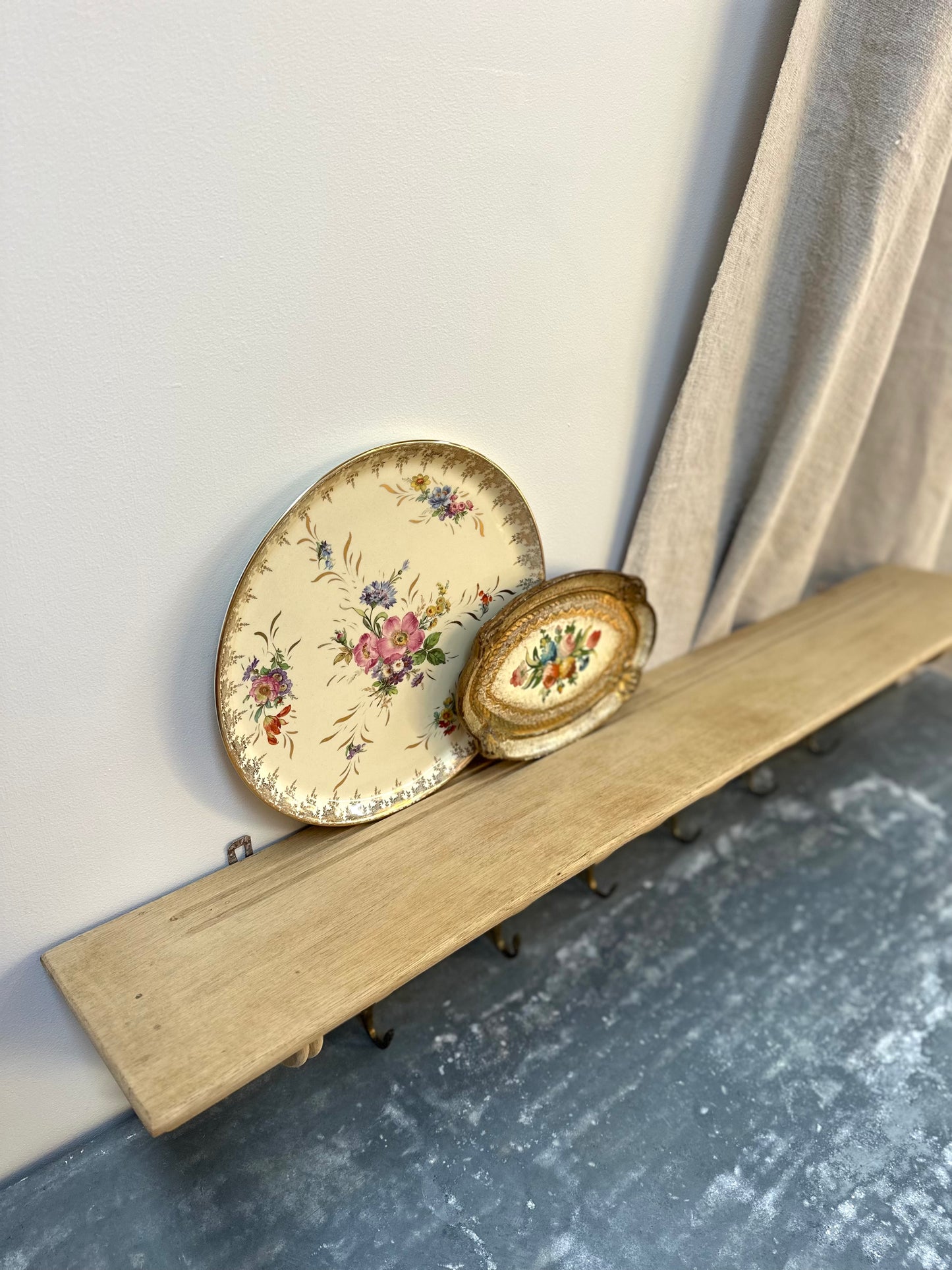 Antique French Farmhouse Oak 6 Hook Wall Shelf
