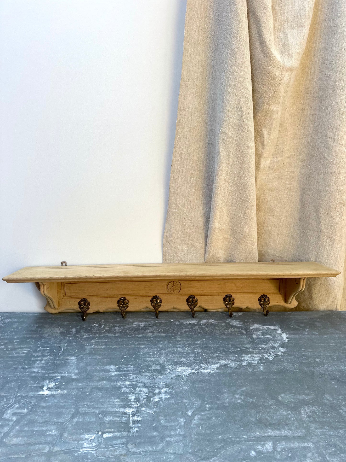 Antique French Farmhouse Oak 6 Hook Wall Shelf