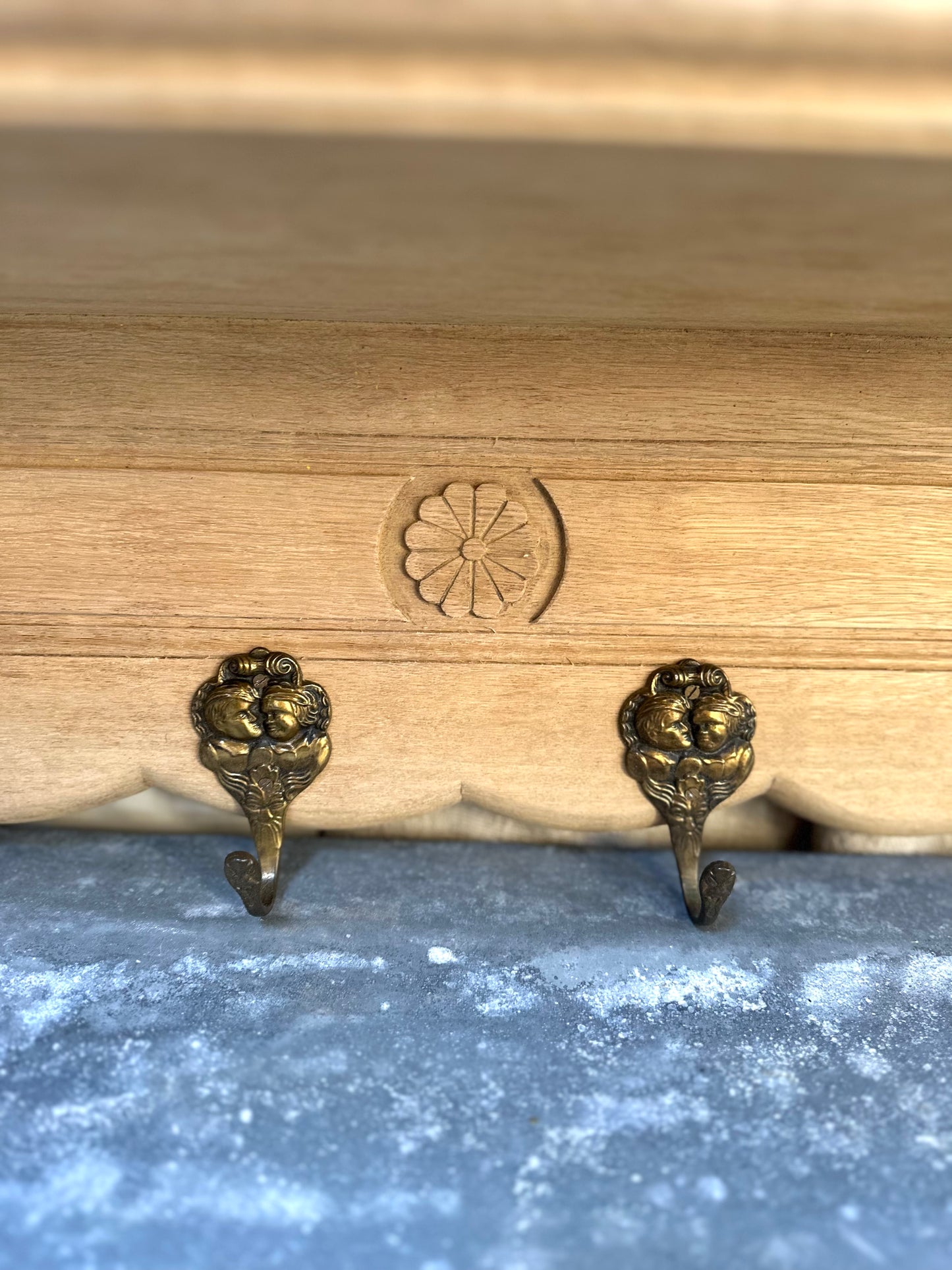 Antique French Farmhouse Oak 6 Hook Wall Shelf