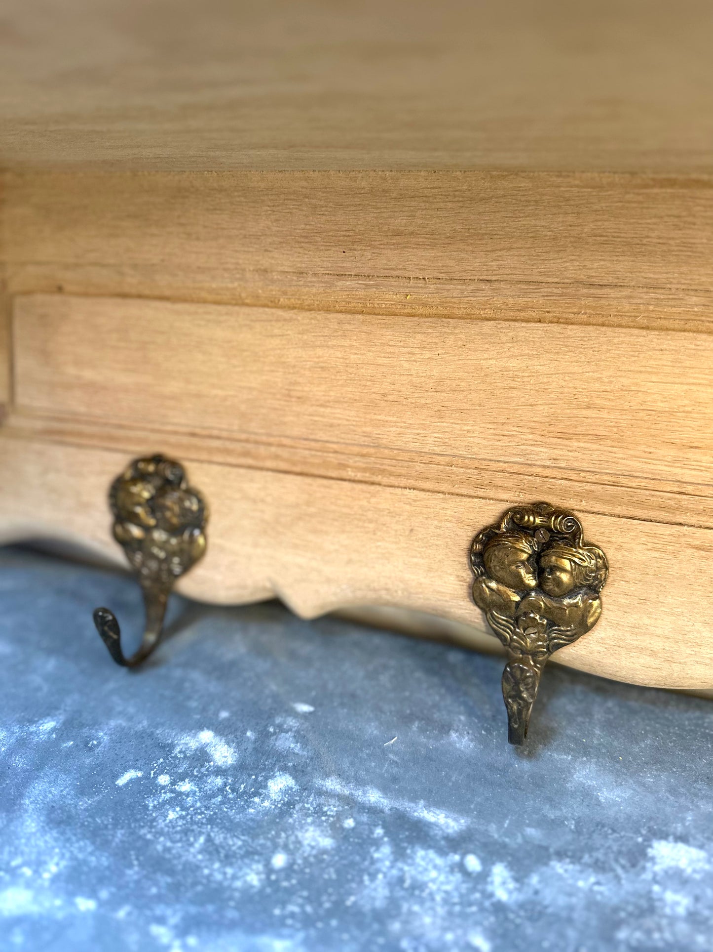 Antique French Farmhouse Oak 6 Hook Wall Shelf