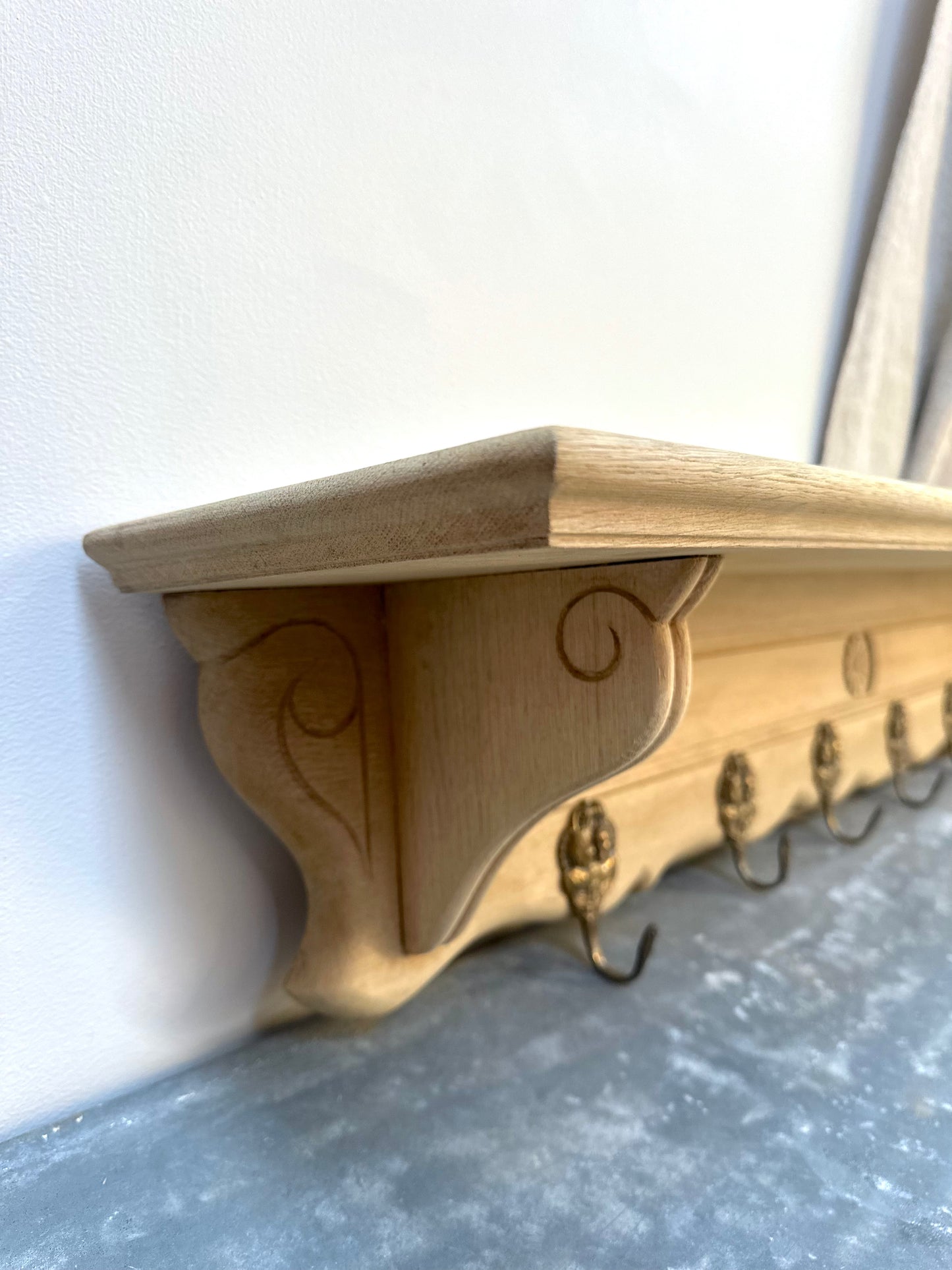Antique French Farmhouse Oak 6 Hook Wall Shelf