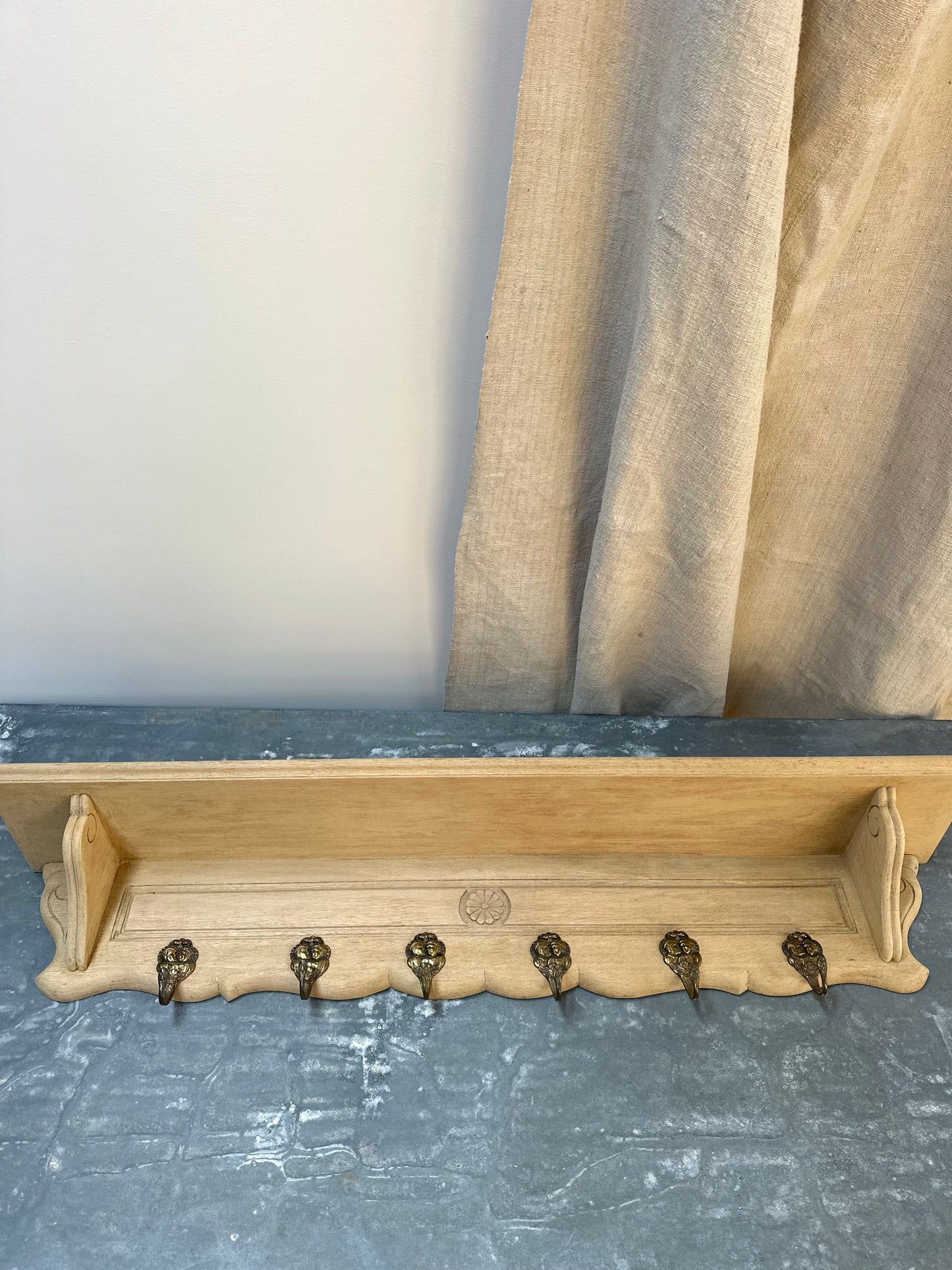 Antique French Farmhouse Oak 6 Hook Wall Shelf